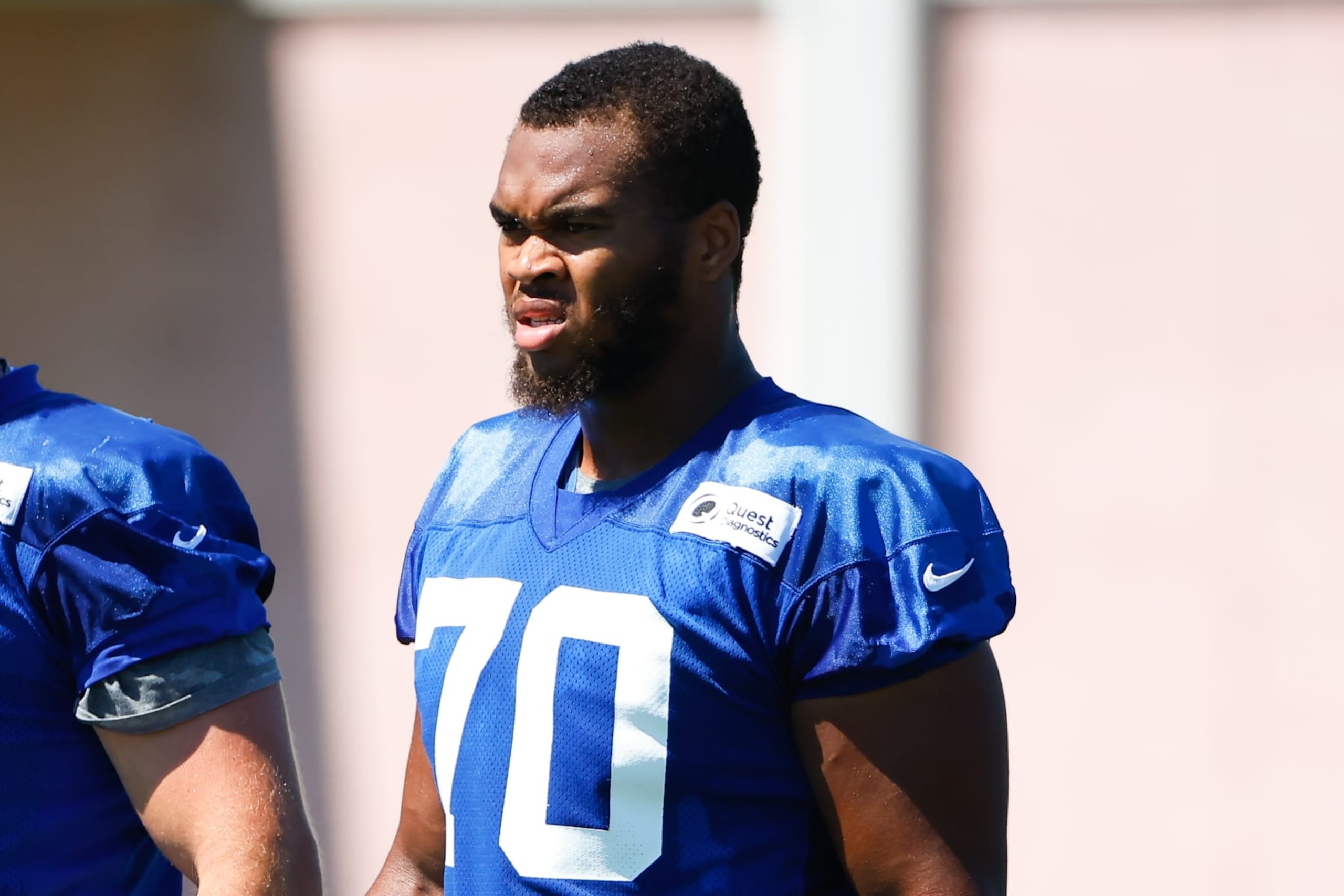 EAST RUTHERFORD, NJ - JULY 30: Evan Neal (70)New York Giants offensive lineman during training camp on July 30, 2022 at Quest Diagnostics Training Center in East Rutherford, New Jersey. (Photo by Rich Graessle/Icon Sportswire via Getty Images) EAST RUTHERFORD, NJ - JULY 30: Evan Neal (70)New York Giants offensive lineman during training camp on July 30, 2022 at Quest Diagnostics Training Center in East Rutherford, New Jersey. (Photo by Rich Graessle/Icon Sportswire via Getty Images)