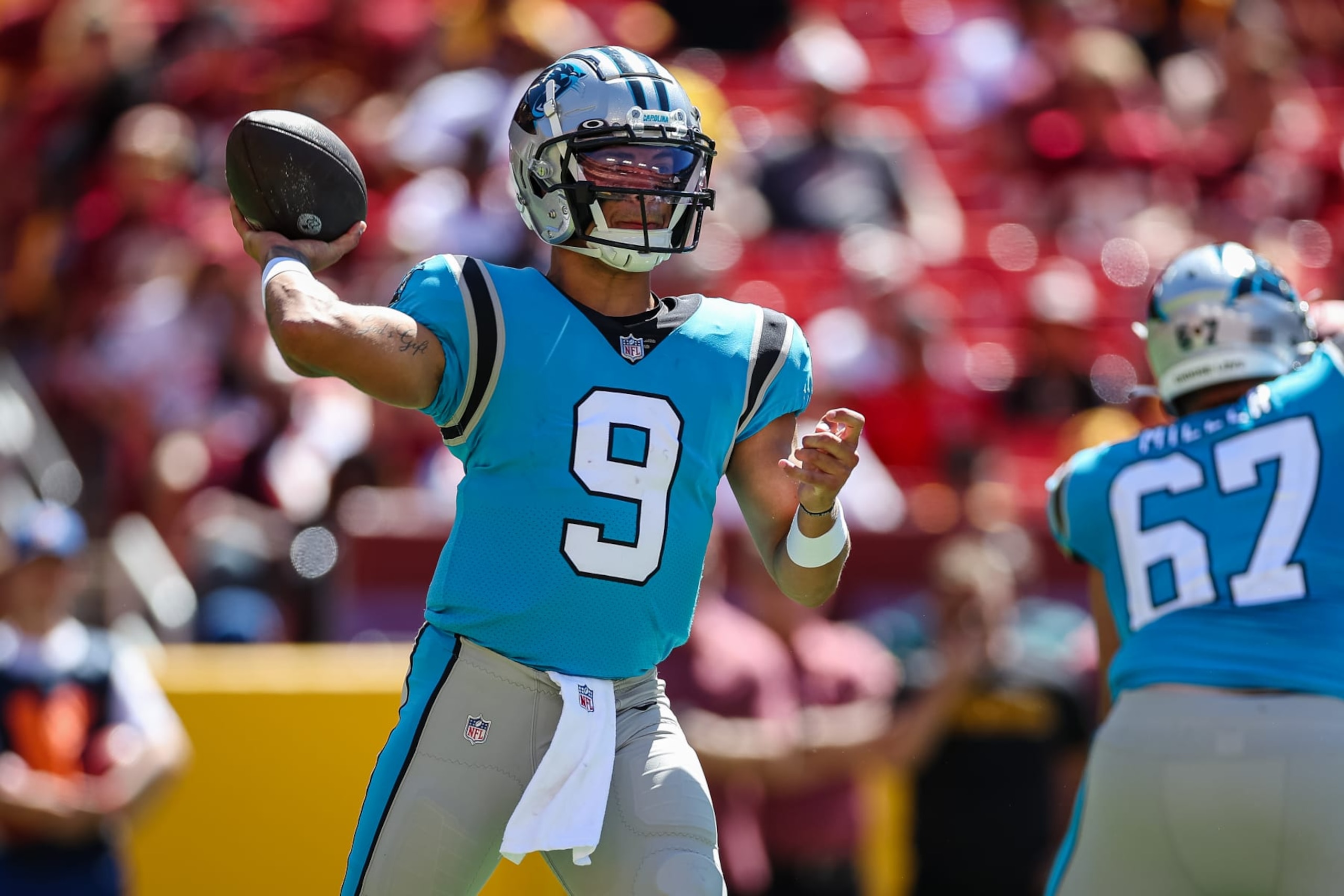 LANDOVER, MD - AUGUST 13: Matt Corral #9 of the Carolina Panthers attempts a pass against the Washington Commanders during the second half of the preseason game at FedExField on August 13, 2022 in Landover, Maryland. (Photo by Scott Taetsch/Getty Images) LANDOVER, MD - AUGUST 13: Matt Corral #9 of the Carolina Panthers attempts a pass against the Washington Commanders during the second half of the preseason game at FedExField on August 13, 2022 in Landover, Maryland. (Photo by Scott Taetsch/Getty Images)