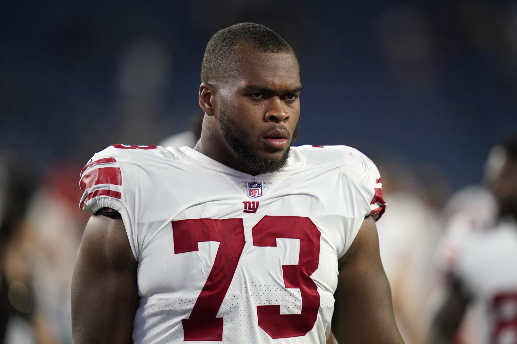 New York Giants offensive lineman Evan Neal (73) following a preseason NFL football game against the New England Patriots, Thursday, Aug. 11, 2022, in Foxborough, Mass. (AP Photo/Charles Krupa)