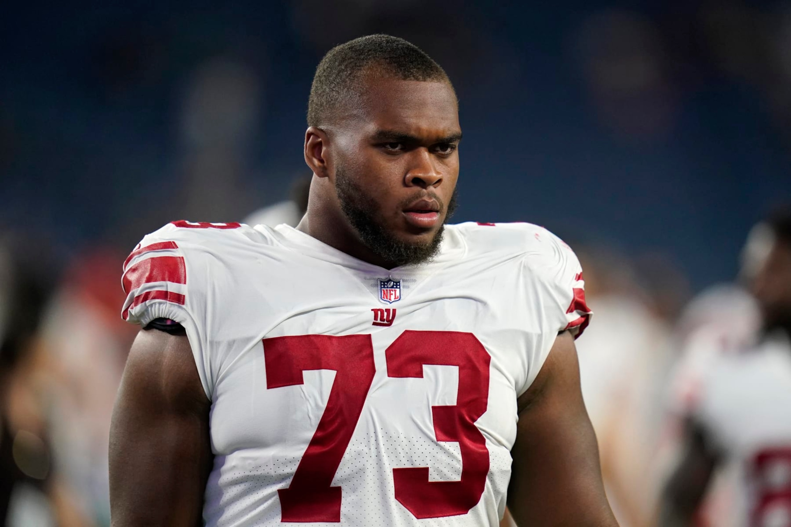 New York Giants offensive lineman Evan Neal (73) following a preseason NFL football game against the New England Patriots, Thursday, Aug. 11, 2022, in Foxborough, Mass. (AP Photo/Charles Krupa) New York Giants offensive lineman Evan Neal (73) following a preseason NFL football game against the New England Patriots, Thursday, Aug. 11, 2022, in Foxborough, Mass. (AP Photo/Charles Krupa)