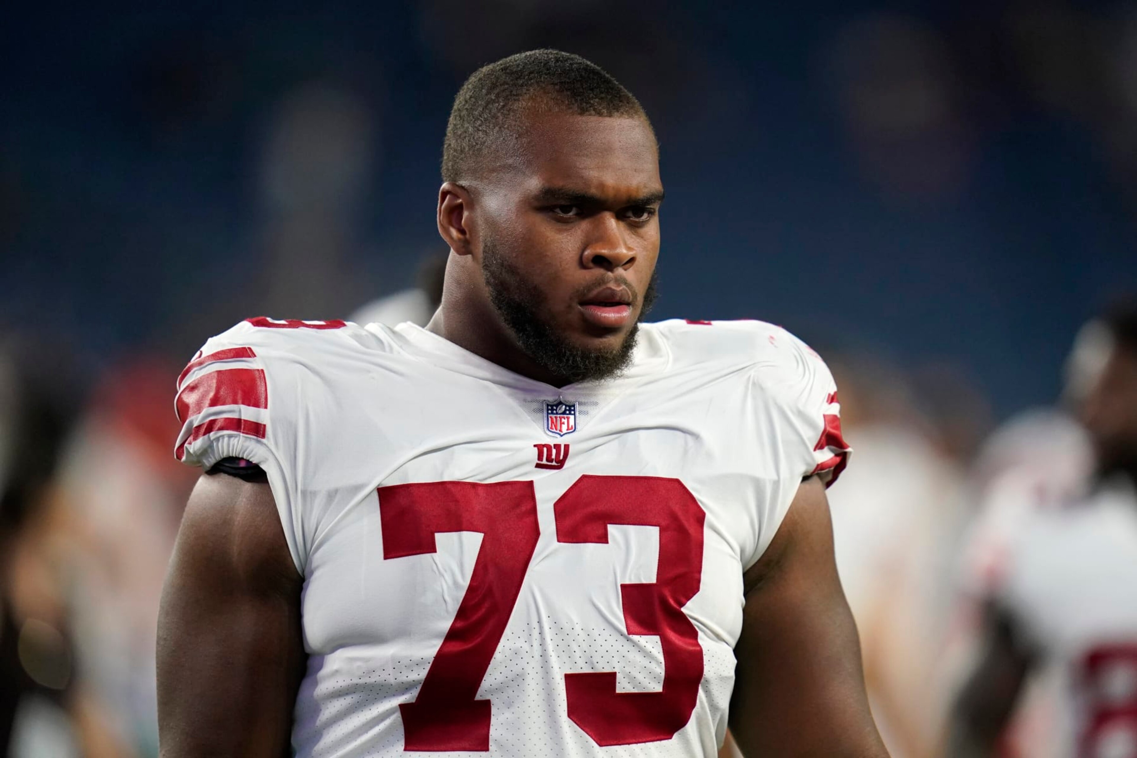 New York Giants offensive lineman Evan Neal (73) following a preseason NFL football game against the New England Patriots, Thursday, Aug. 11, 2022, in Foxborough, Mass. (AP Photo/Charles Krupa) New York Giants offensive lineman Evan Neal (73) following a preseason NFL football game against the New England Patriots, Thursday, Aug. 11, 2022, in Foxborough, Mass. (AP Photo/Charles Krupa)