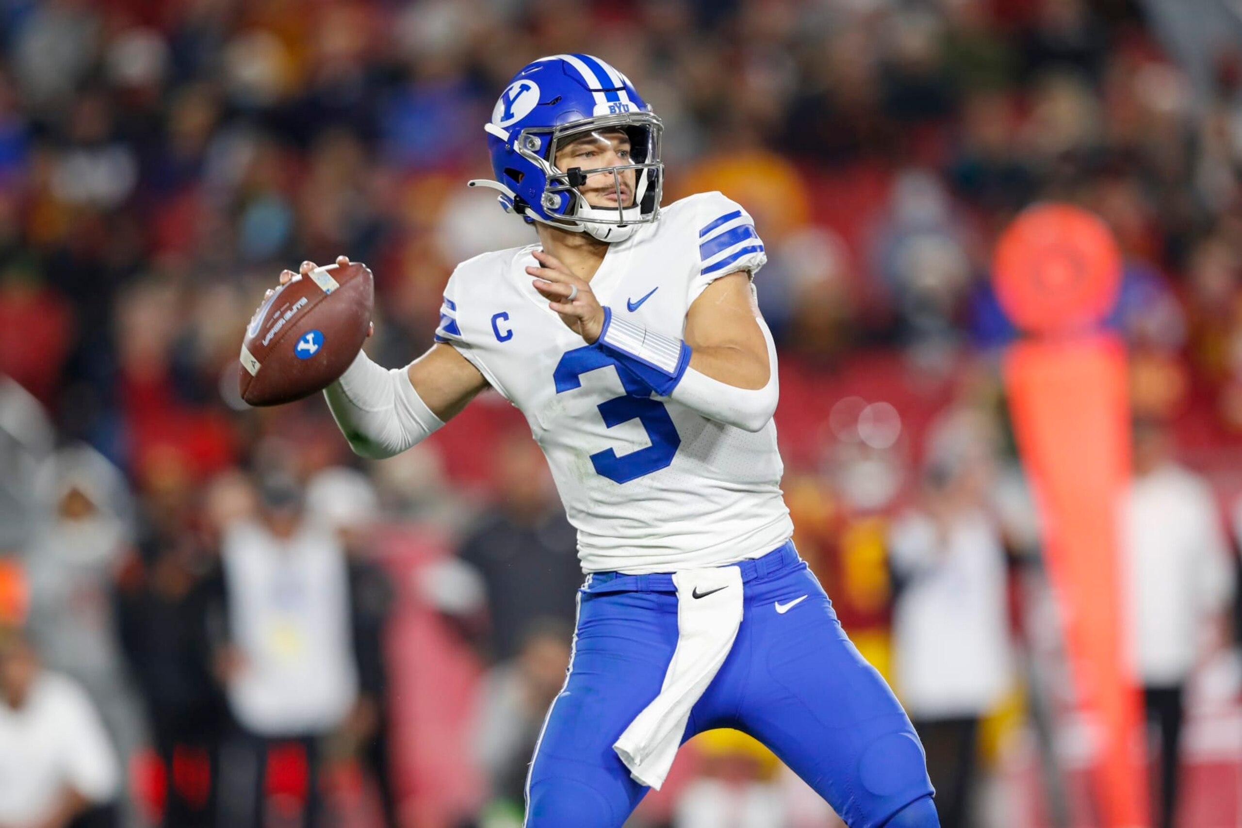 LOS ANGELES, CA - NOVEMBER 27: Brigham Young Cougars quarterback Jaren Hall (3) during a college football game between the BYU Cougars against the USC Trojans on November 27, 2021, at United Airlines Field at The Los Angeles Memorial Coliseum in Los Angeles, CA. (Photo by Jordon Kelly/Icon Sportswire via Getty Images)