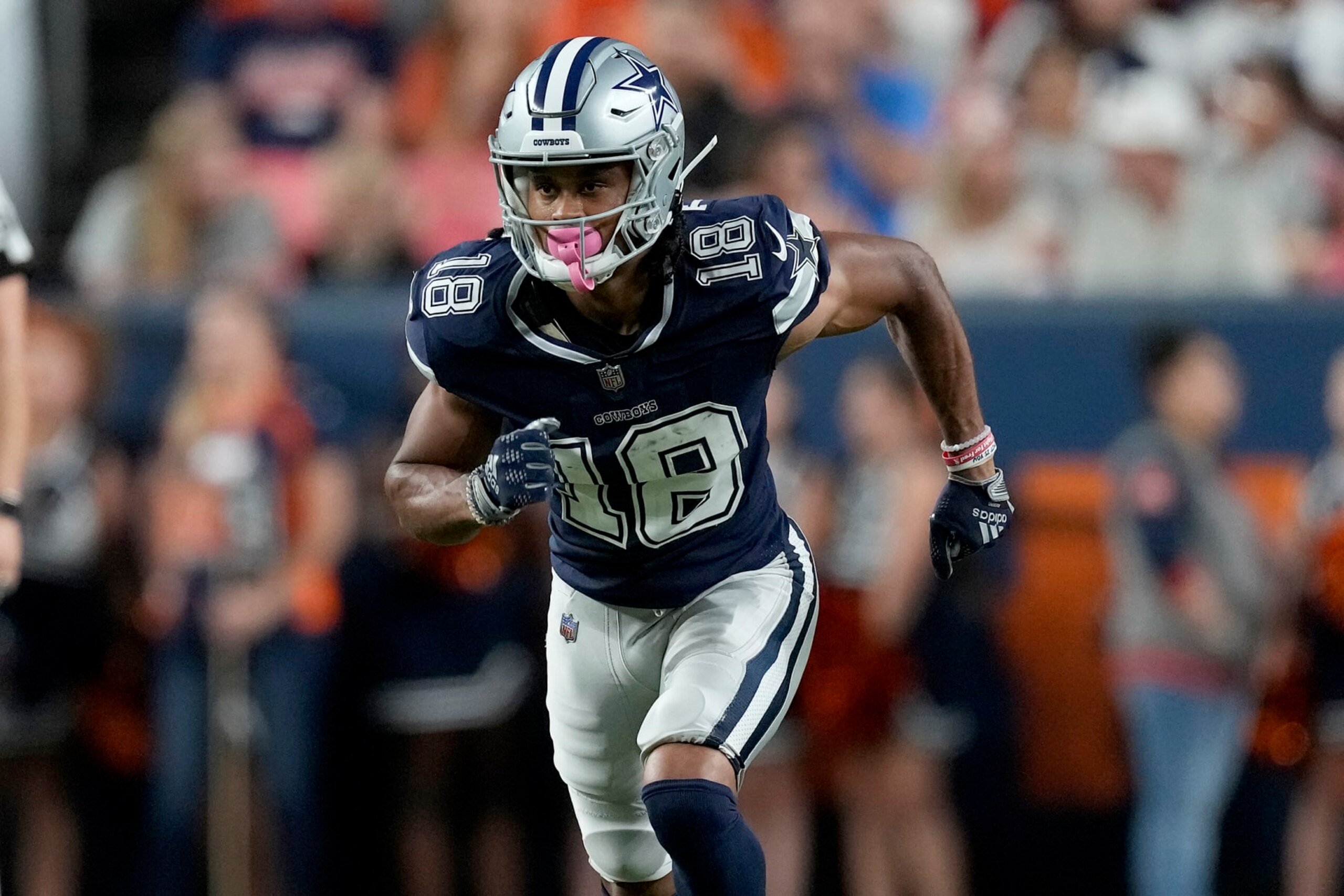 Dallas Cowboys wide receiver Jalen Tolbert (18) lines up against the Denver Broncos during the first half of an NFL preseason football game, Saturday, Aug. 13, 2022, in Denver. (AP Photo/David Zalubowski) Dallas Cowboys wide receiver Jalen Tolbert (18) lines up against the Denver Broncos during the first half of an NFL preseason football game, Saturday, Aug. 13, 2022, in Denver. (AP Photo/David Zalubowski)