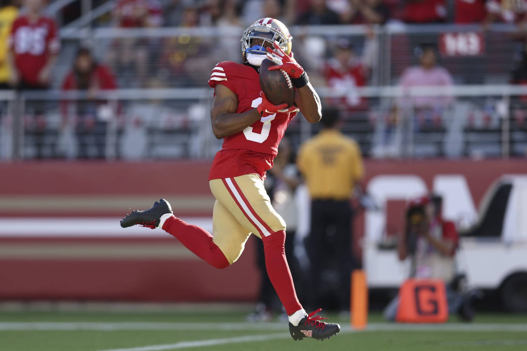 San Francisco 49ers wide receiver Ray-Ray McCloud III catches a touchdown pass against the Green Bay Packers during the first half of an NFL preseason football game in Santa Clara, Calif., Friday, Aug. 12, 2022. (AP Photo/Jed Jacobsohn)