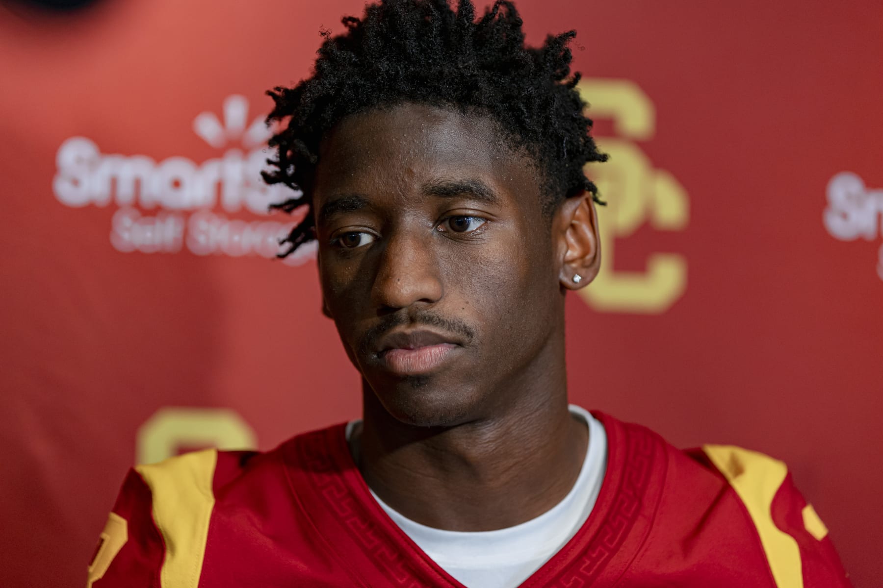 Los Angeles, CA - August 04: USC wide receiver Jordan Addison talks with reporters on media day at University of Southern California on Thursday, Aug. 4, 2022 in Los Angeles, CA. (Wesley Lapointe / Los Angeles Times via Getty Images)