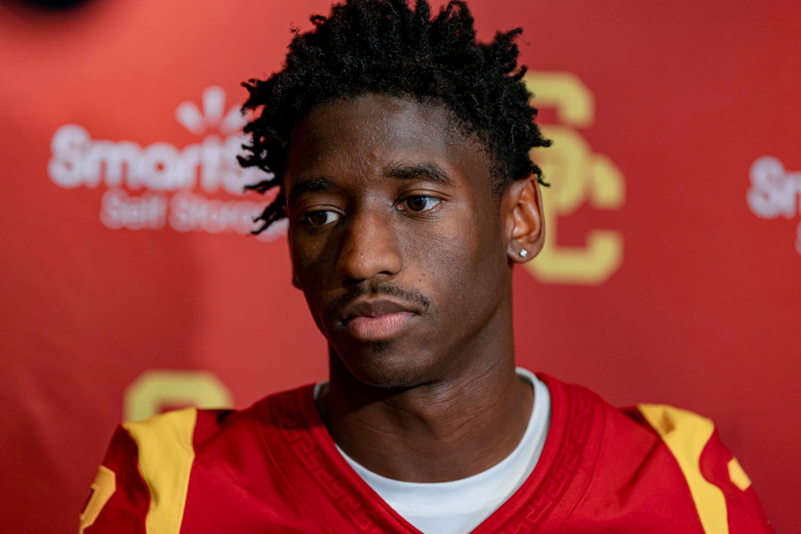 Los Angeles, CA - August 04: USC wide receiver Jordan Addison talks with reporters on media day at University of Southern California on Thursday, Aug. 4, 2022 in Los Angeles, CA. (Wesley Lapointe / Los Angeles Times via Getty Images)