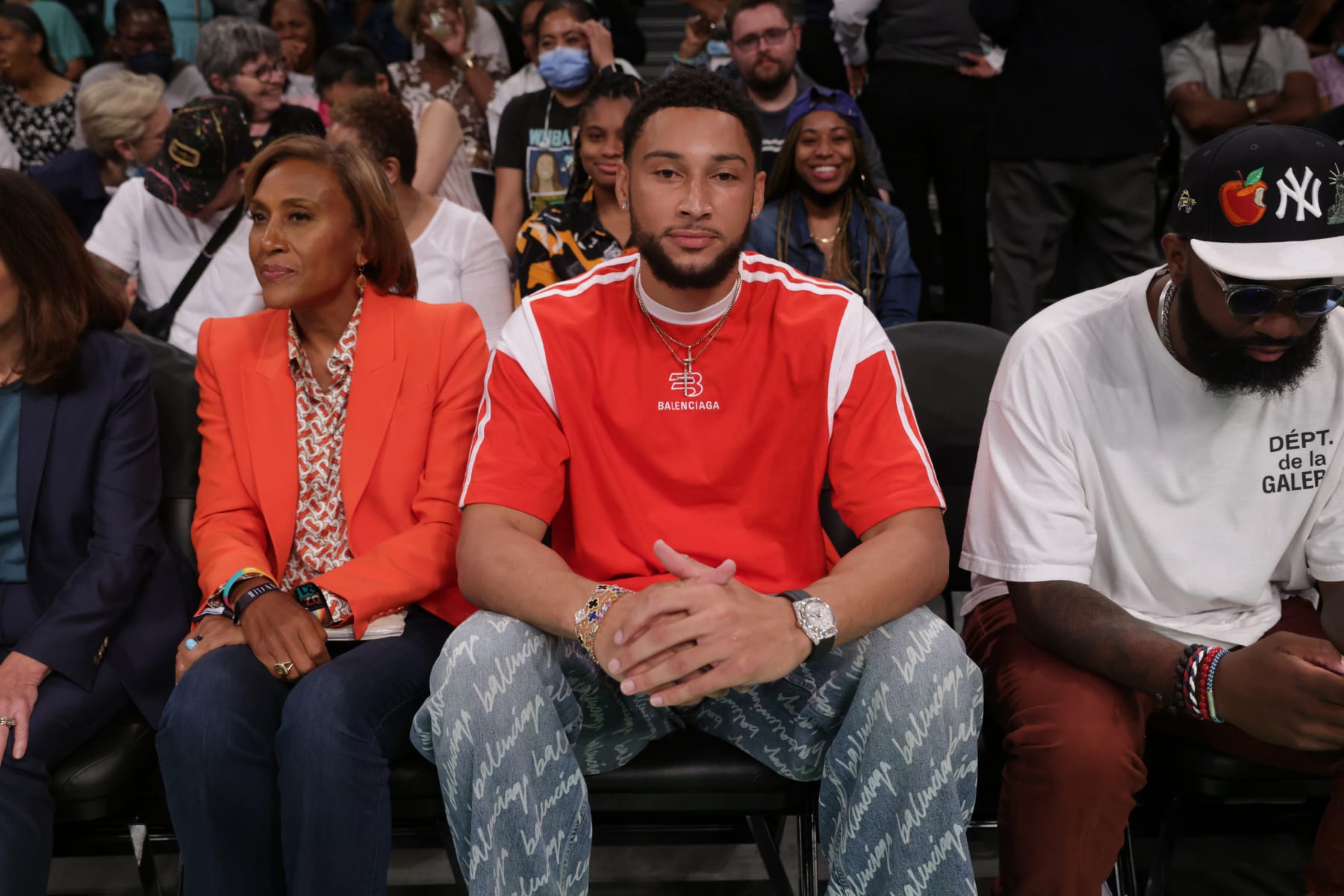 BROOKLYN, NY - AUGUST 2: Ben Simmons #10 of the Brooklyn Nets attends the game between the Los Angeles Sparks and the New York Liberty on August 2, 2022 at the Barclays Center in Brooklyn, New York. NOTE TO USER: User expressly acknowledges and agrees that, by downloading and or using this photograph, user is consenting to the terms and conditions of the Getty Images License Agreement. Mandatory Copyright Notice: Copyright 2022 NBAE (Photo by Steven Freeman/NBAE via Getty Images)