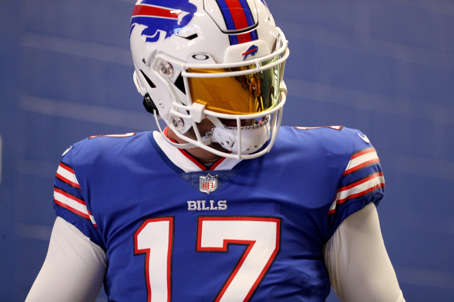 ORCHARD PARK, NEW YORK - AUGUST 13: Josh Allen #17 of the Buffalo Bills walks to the field prior to a preseason game against the Indianapolis Colts at Highmark Stadium on August 13, 2022 in Orchard Park, New York. (Photo by Bryan M. Bennett/Getty Images)