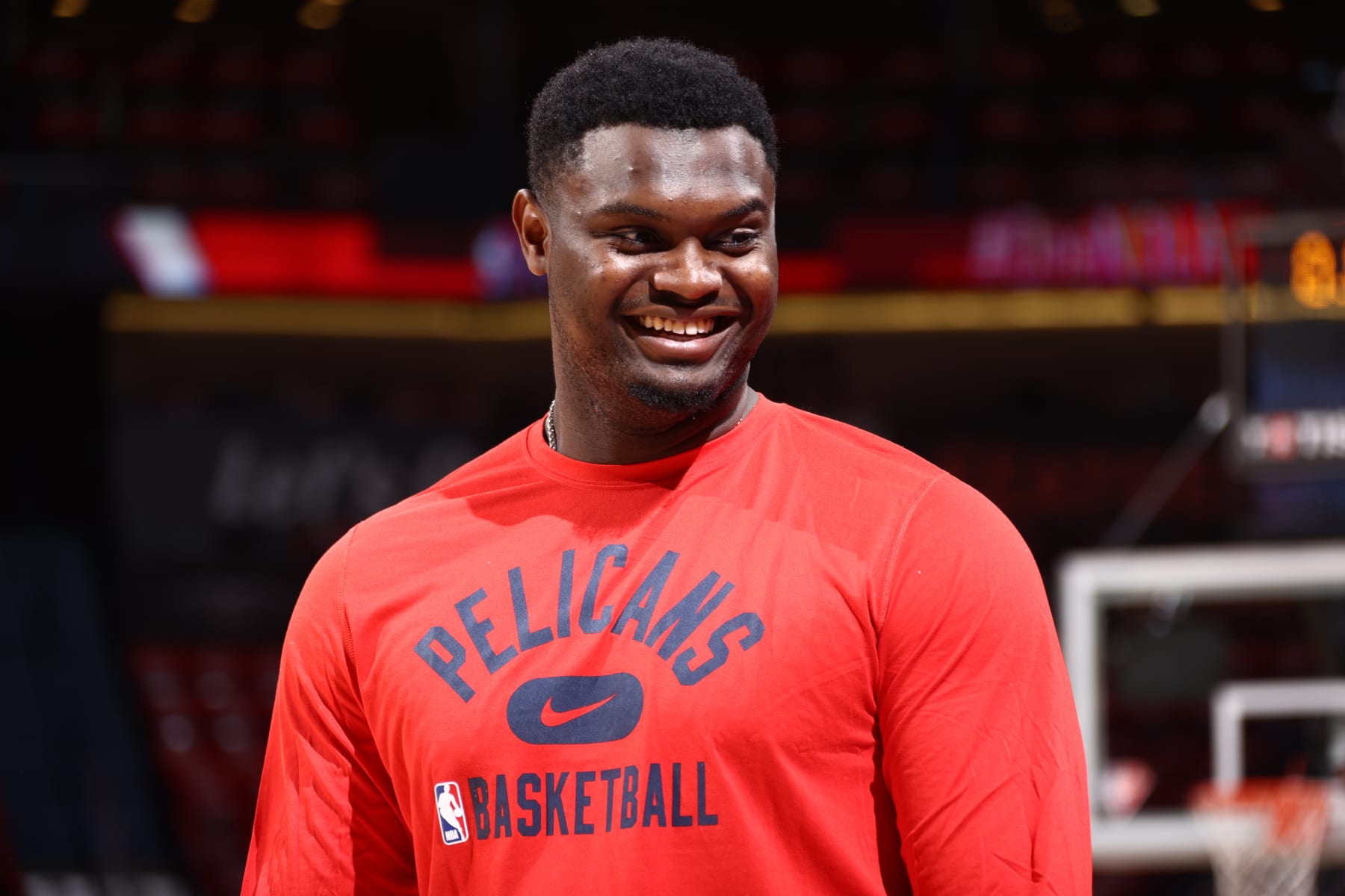 NEW ORLEANS, LA - APRIL 28: Zion Williamson #1 of the New Orleans Pelicans smiles before Round 1 Game 6 of the 2022 NBA Playoffs on April 28, 2022 at the Smoothie King Center in New Orleans, Louisiana. NOTE TO USER: User expressly acknowledges and agrees that, by downloading and or using this Photograph, user is consenting to the terms and conditions of the Getty Images License Agreement. Mandatory Copyright Notice: Copyright 2022 NBAE (Photo by Ned Dishman/NBAE via Getty Images)