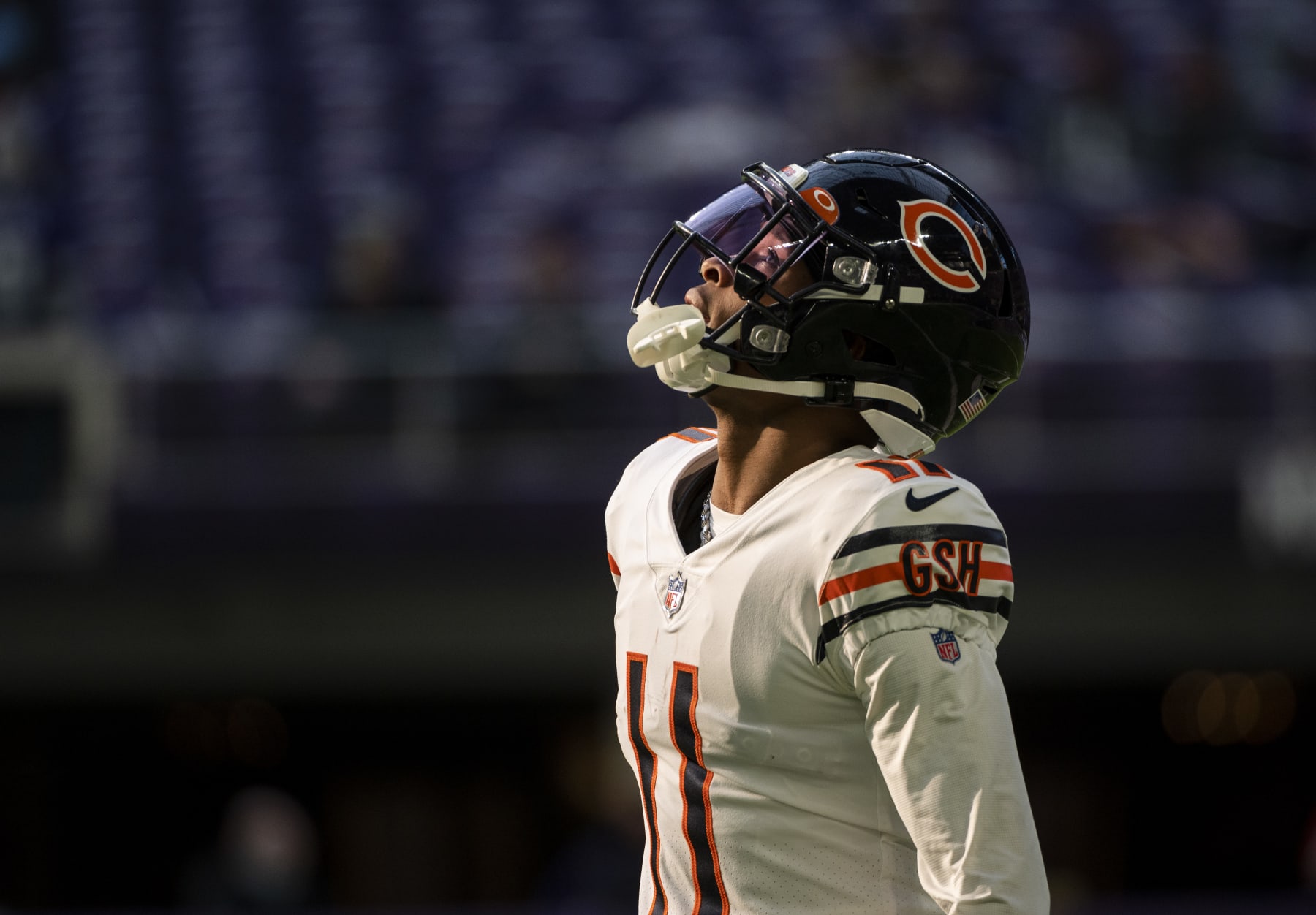 MINNEAPOLIS, MN - JANUARY 09: Darnell Mooney #11 of the Chicago Bears warms up before the game against the Minnesota Vikings at U.S. Bank Stadium on January 9, 2022 in Minneapolis, Minnesota. (Photo by Stephen Maturen/Getty Images)
