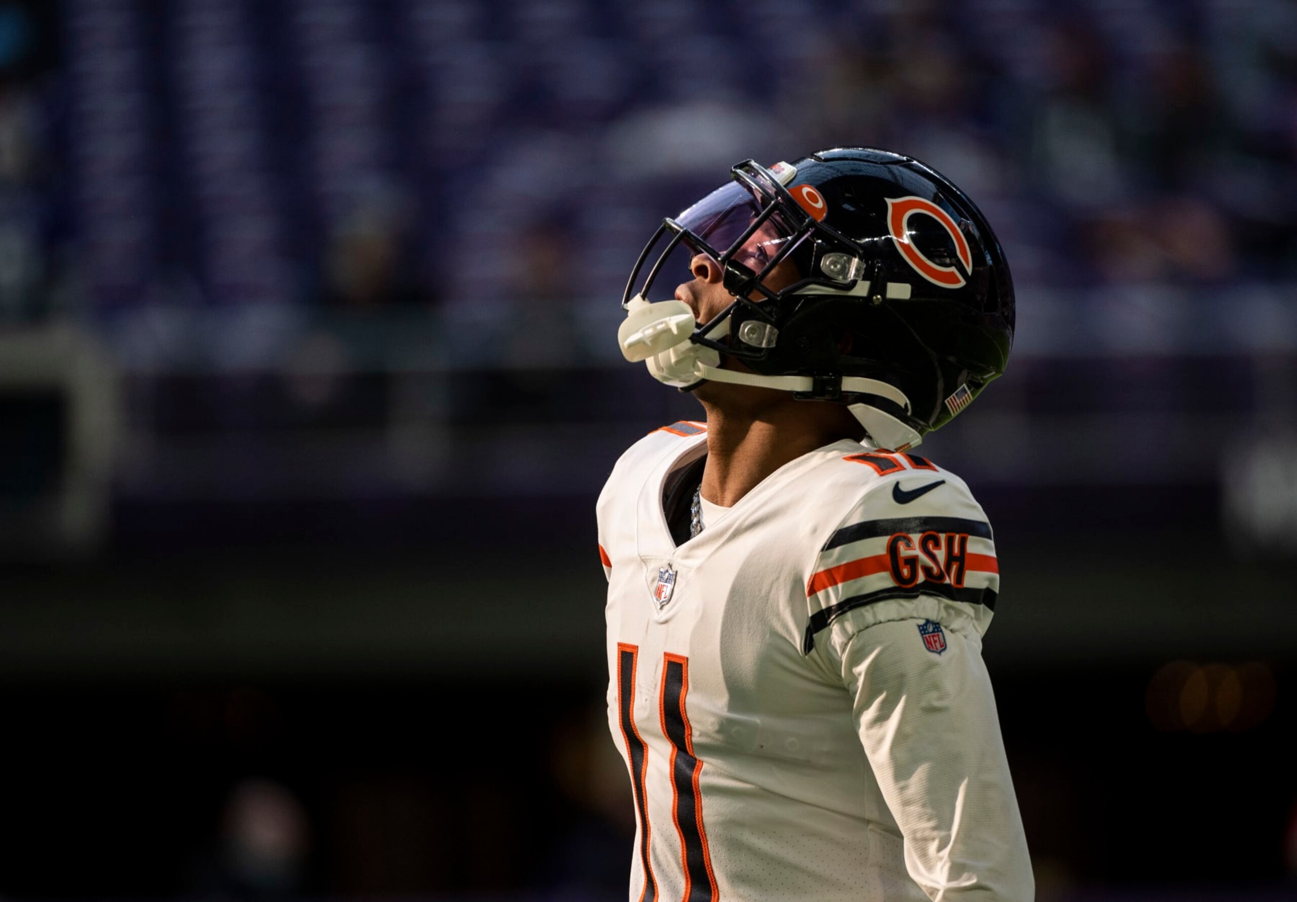 MINNEAPOLIS, MN - JANUARY 09: Darnell Mooney #11 of the Chicago Bears warms up before the game against the Minnesota Vikings at U.S. Bank Stadium on January 9, 2022 in Minneapolis, Minnesota. (Photo by Stephen Maturen/Getty Images)