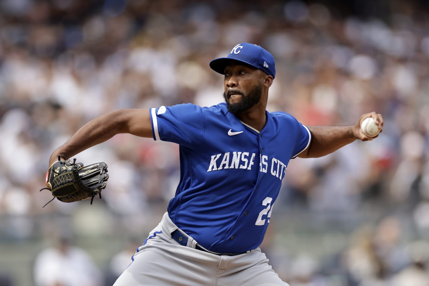 NEW YORK, NY - JULY 31: Amir Garrett #24 of the Kansas City Royals pitches against the New York Yankees during the sixth inning at Yankee Stadium on July 31, 2022 in the Bronx borough of New York City. (Photo by Adam Hunger/Getty Images)
