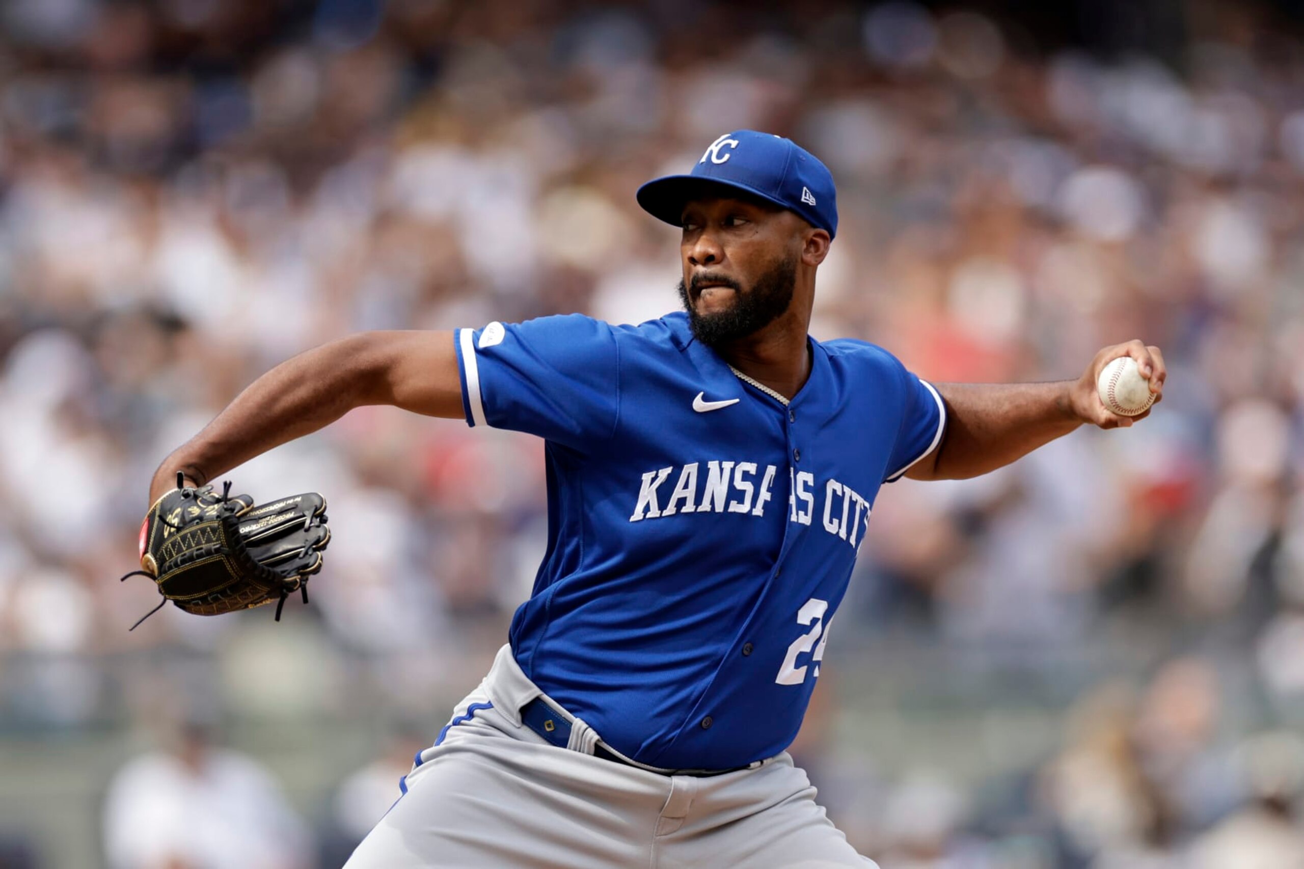 NEW YORK, NY - JULY 31: Amir Garrett #24 of the Kansas City Royals pitches against the New York Yankees during the sixth inning at Yankee Stadium on July 31, 2022 in the Bronx borough of New York City. (Photo by Adam Hunger/Getty Images)
