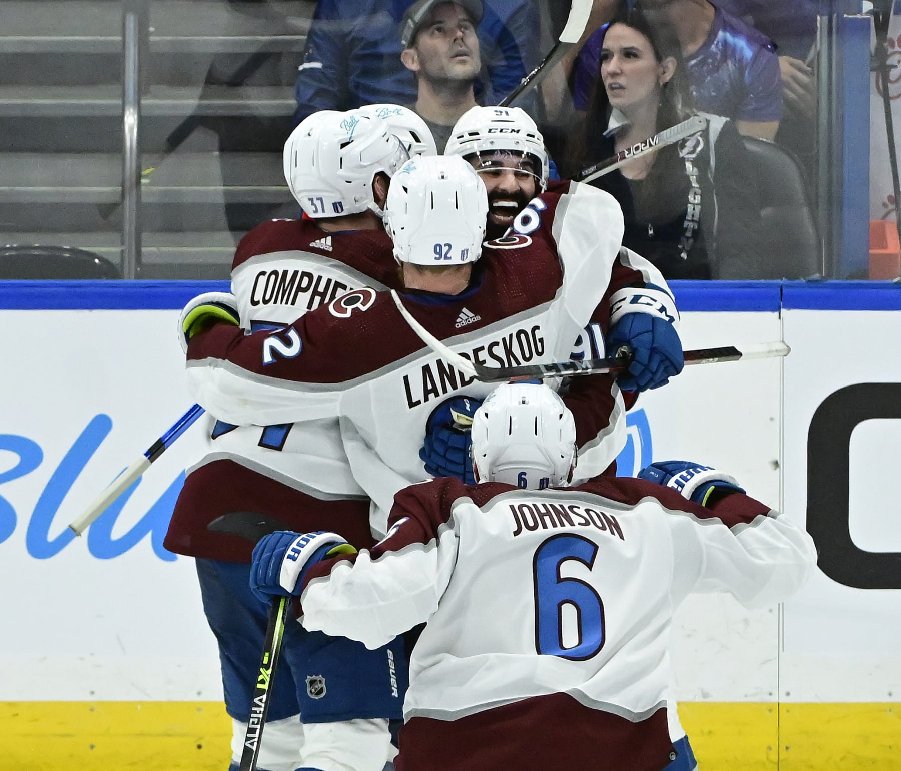 TAMPA, FL - JUNE 22: Colorado Avalanche left wing J.T. Compher (37), Colorado Avalanche left wing Gabriel Landeskog (92) and Colorado Avalanche defenseman Erik Johnson (6) swarm Colorado Avalanche center Nazem Kadri (91) after Kadri scored the game winning overtime goal against Tampa Bay Lightning goaltender Andrei Vasilevskiy (88) to win game four of the NHL Stanley Cup Finals 3-2 at Amalie Arena June 22, 2022. (Photo by Andy Cross/MediaNews Group/The Denver Post via Getty Images) TAMPA, FL - JUNE 22: Colorado Avalanche left wing J.T. Compher (37), Colorado Avalanche left wing Gabriel Landeskog (92) and Colorado Avalanche defenseman Erik Johnson (6) swarm Colorado Avalanche center Nazem Kadri (91) after Kadri scored the game winning overtime goal against Tampa Bay Lightning goaltender Andrei Vasilevskiy (88) to win game four of the NHL Stanley Cup Finals 3-2 at Amalie Arena June 22, 2022. (Photo by Andy Cross/MediaNews Group/The Denver Post via Getty Images)