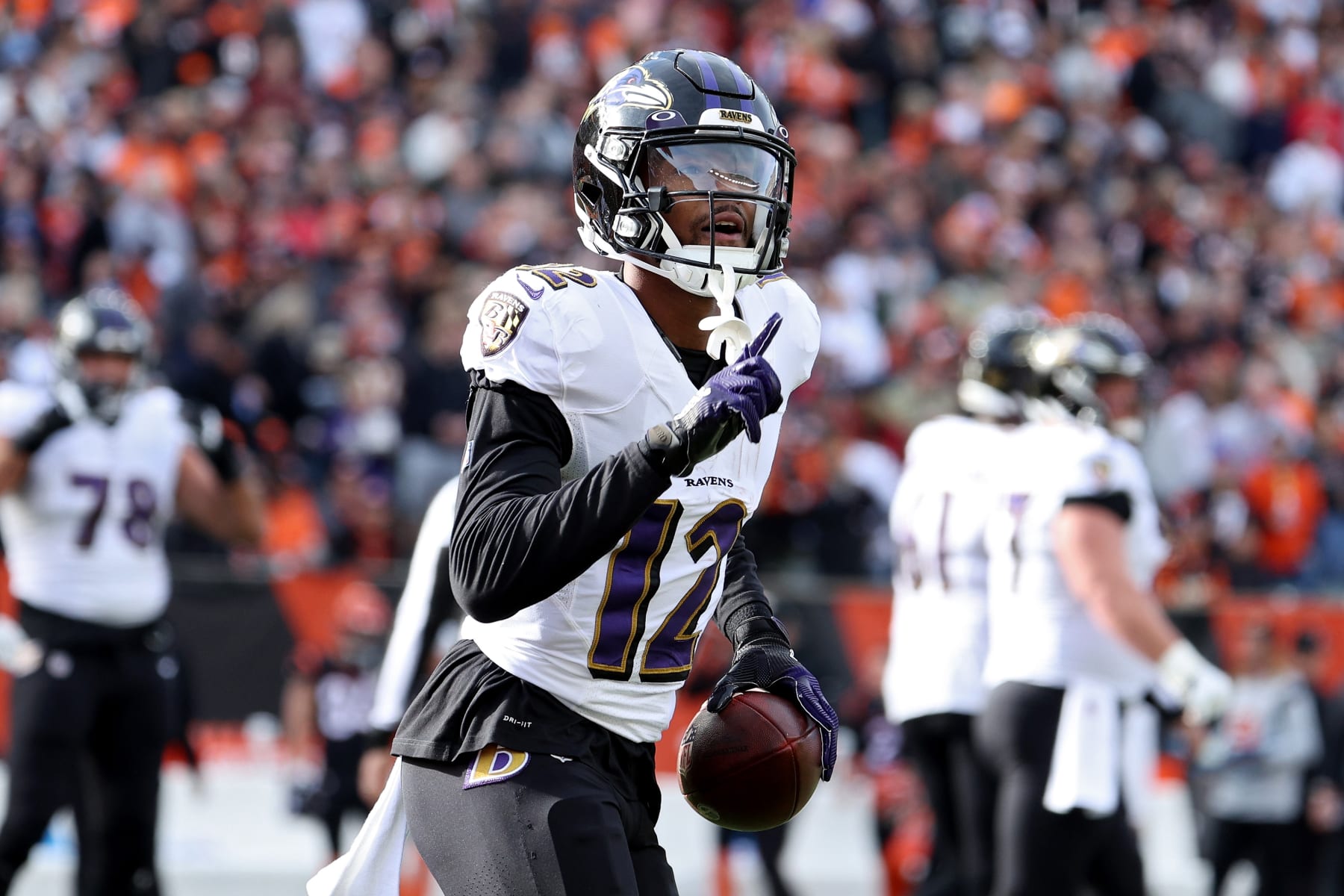 CINCINNATI, OHIO - DECEMBER 26: Rashod Bateman #12 of the Baltimore Ravens celebrates a touchdown during the first quarter in the game against the Cincinnati Bengals at Paul Brown Stadium on December 26, 2021 in Cincinnati, Ohio. (Photo by Andy Lyons/Getty Images)