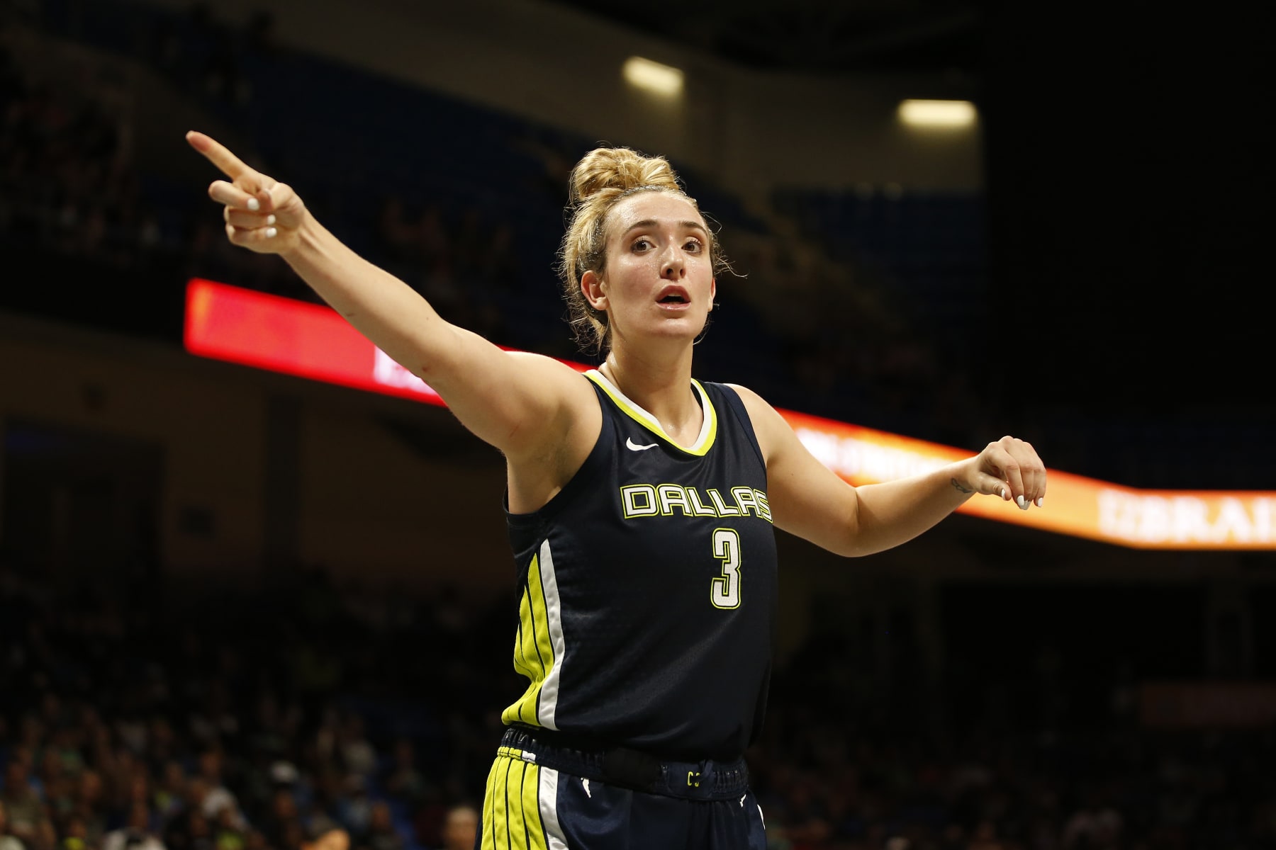 ARLINGTON, TX - AUGUST 10: Marina Mabrey #3 of the Dallas Wings points during the game against the New York Liberty on August 10, 2022 at the College Park Center in Arlington, Texas. NOTE TO USER: User expressly acknowledges and agrees that, by downloading and/or using this Photograph, user is consenting to the terms and conditions of the Getty Images License Agreement. Mandatory Copyright Notice: Copyright 2022 NBAE (Photo by Tim Heitman/NBAE via Getty Images)