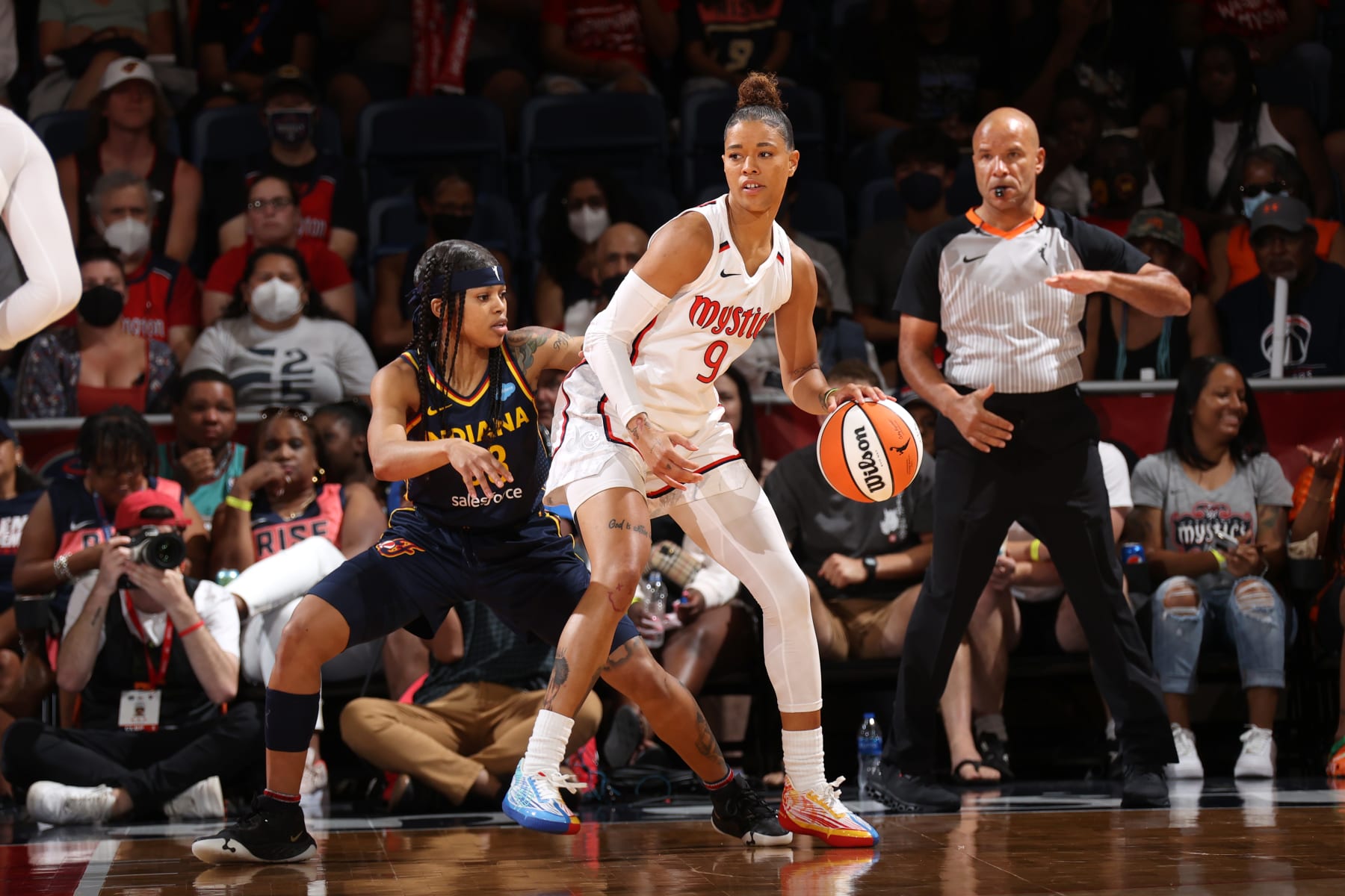 WASHINGTON, DC - AUGUST 14: Natasha Cloud #9 of the Washington Mystics handles the ball during the game against the Indiana Fever on August 14, 2022 at Entertainment & Sports Arena in Washington, DC. NOTE TO USER: User expressly acknowledges and agrees that, by downloading and or using this Photograph, user is consenting to the terms and conditions of the Getty Images License Agreement. Mandatory Copyright Notice: Copyright 2022 NBAE (Photo by Stephen Gosling/NBAE via Getty Images)