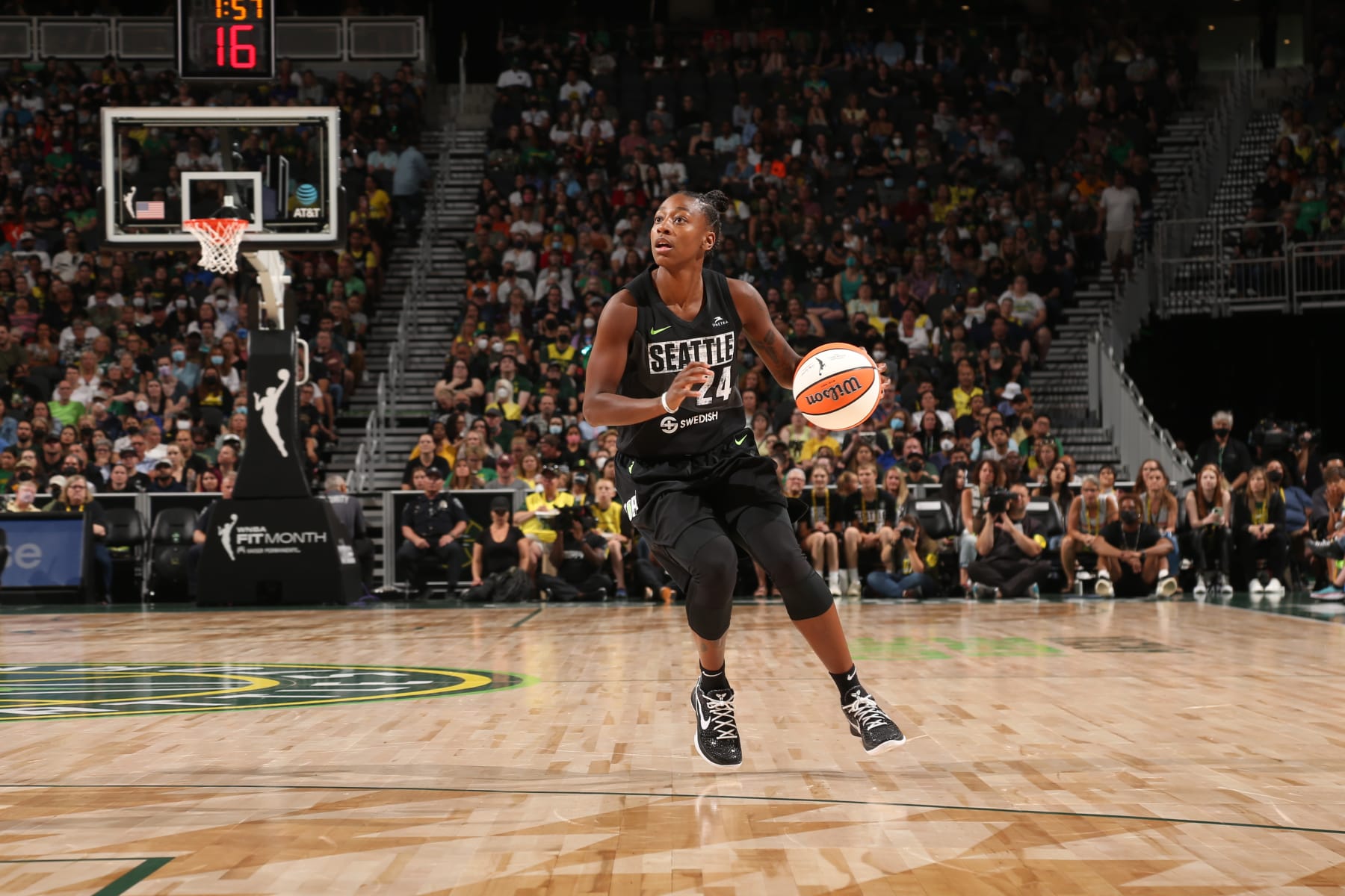 SEATTLE, WA - AUGUST 7: Jewell Loyd #24 of the Seattle Storm dribbles the ball during the game against the Las Vegas Aces on August 7, 2022 at the Climate Pledge Arena in Seattle, Washington. NOTE TO USER: User expressly acknowledges and agrees that, by downloading and or using this photograph, User is consenting to the terms and conditions of the Getty Images License Agreement. Mandatory Copyright Notice: Copyright 2022 NBAE (Photo by Joshua Huston/NBAE via Getty Images)