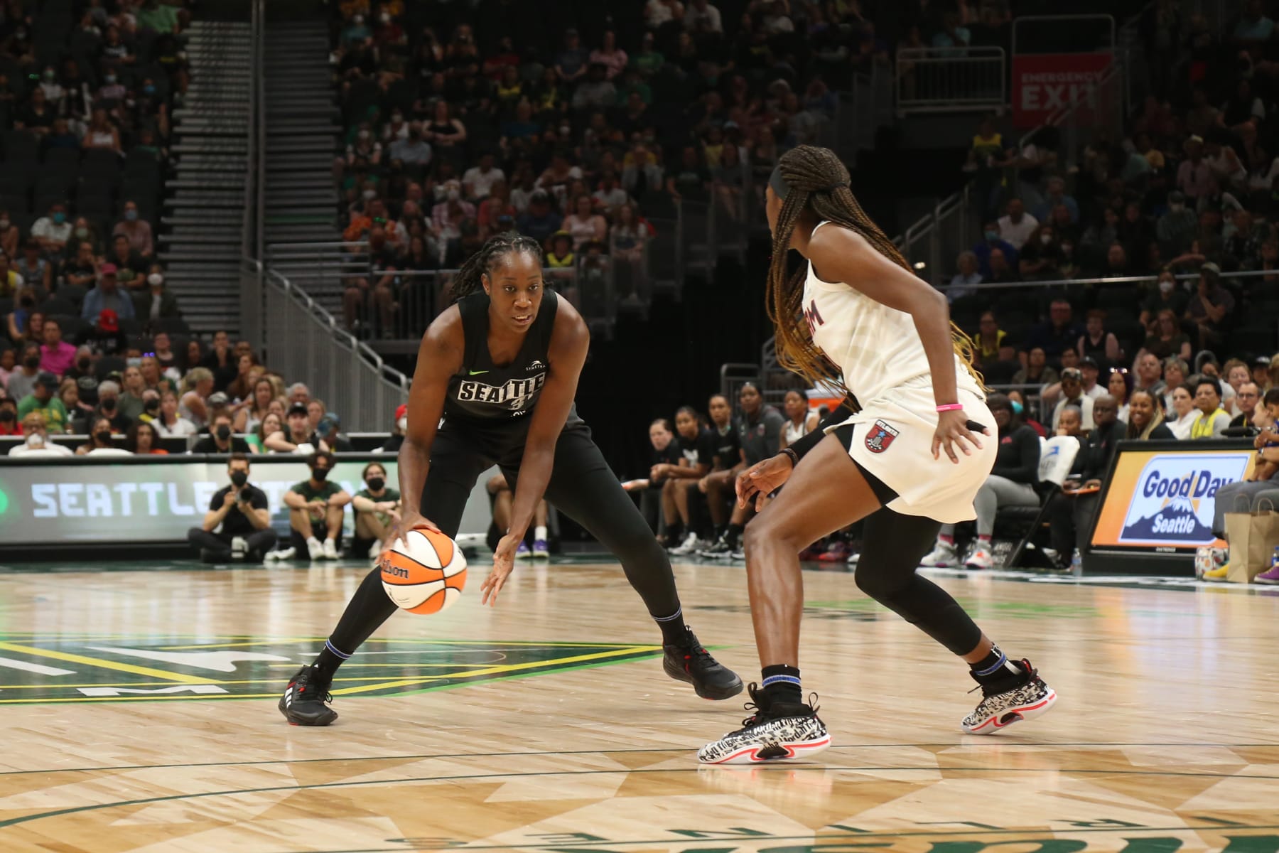 SEATTLE, WA - JULY 24: Tina Charles #31 of the Seattle Storm handles the ball during the game against the Atlanta Dream on July 24, 2022 at the Climate Pledge Arena in Seattle, Washington. NOTE TO USER: User expressly acknowledges and agrees that, by downloading and or using this photograph, User is consenting to the terms and conditions of the Getty Images License Agreement. Mandatory Copyright Notice: Copyright 2022 NBAE (Photo by Joshua Huston/NBAE via Getty Images)