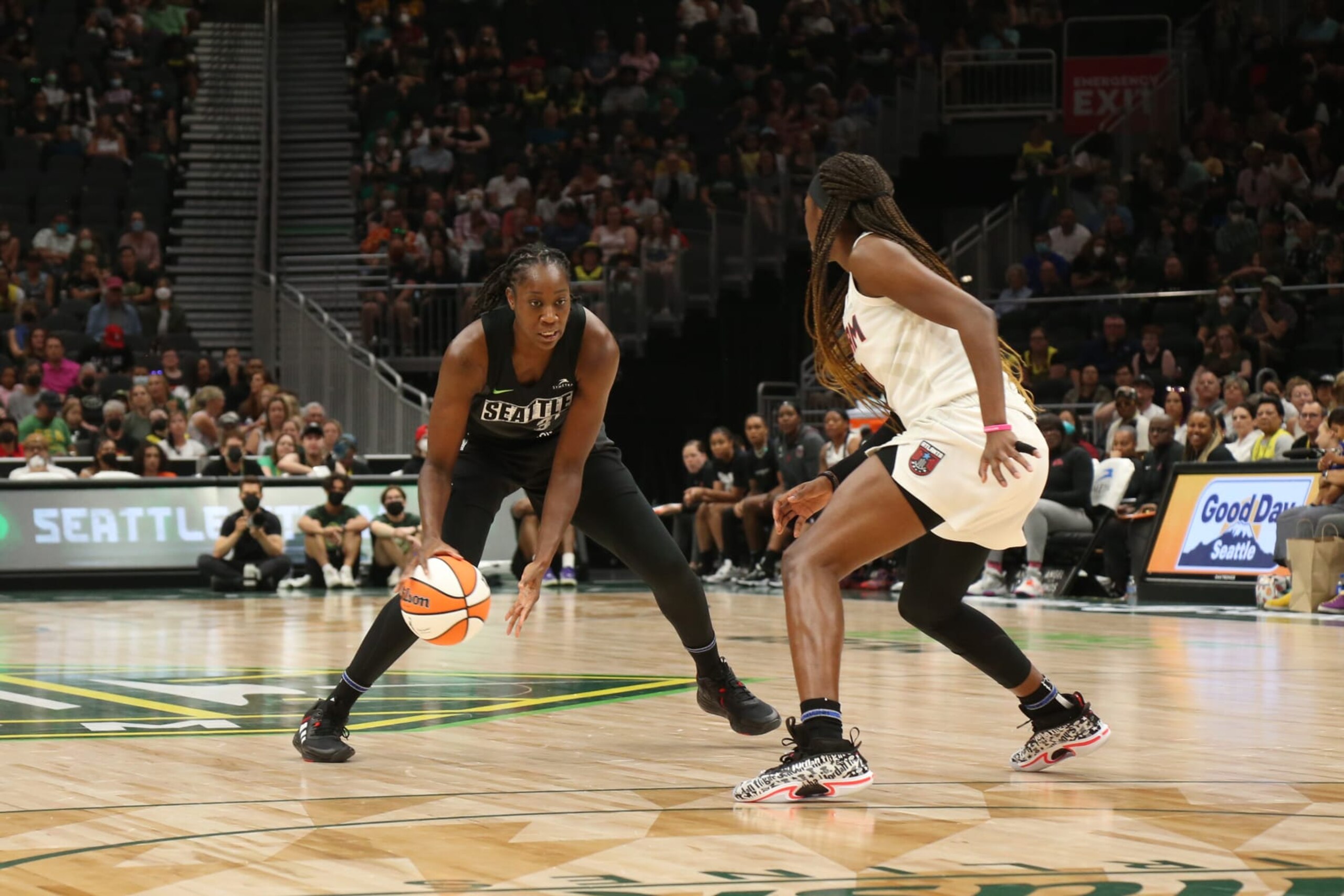 SEATTLE, WA - JULY 24: Tina Charles #31 of the Seattle Storm handles the ball during the game against the Atlanta Dream on July 24, 2022 at the Climate Pledge Arena in Seattle, Washington. NOTE TO USER: User expressly acknowledges and agrees that, by downloading and or using this photograph, User is consenting to the terms and conditions of the Getty Images License Agreement. Mandatory Copyright Notice: Copyright 2022 NBAE (Photo by Joshua Huston/NBAE via Getty Images)