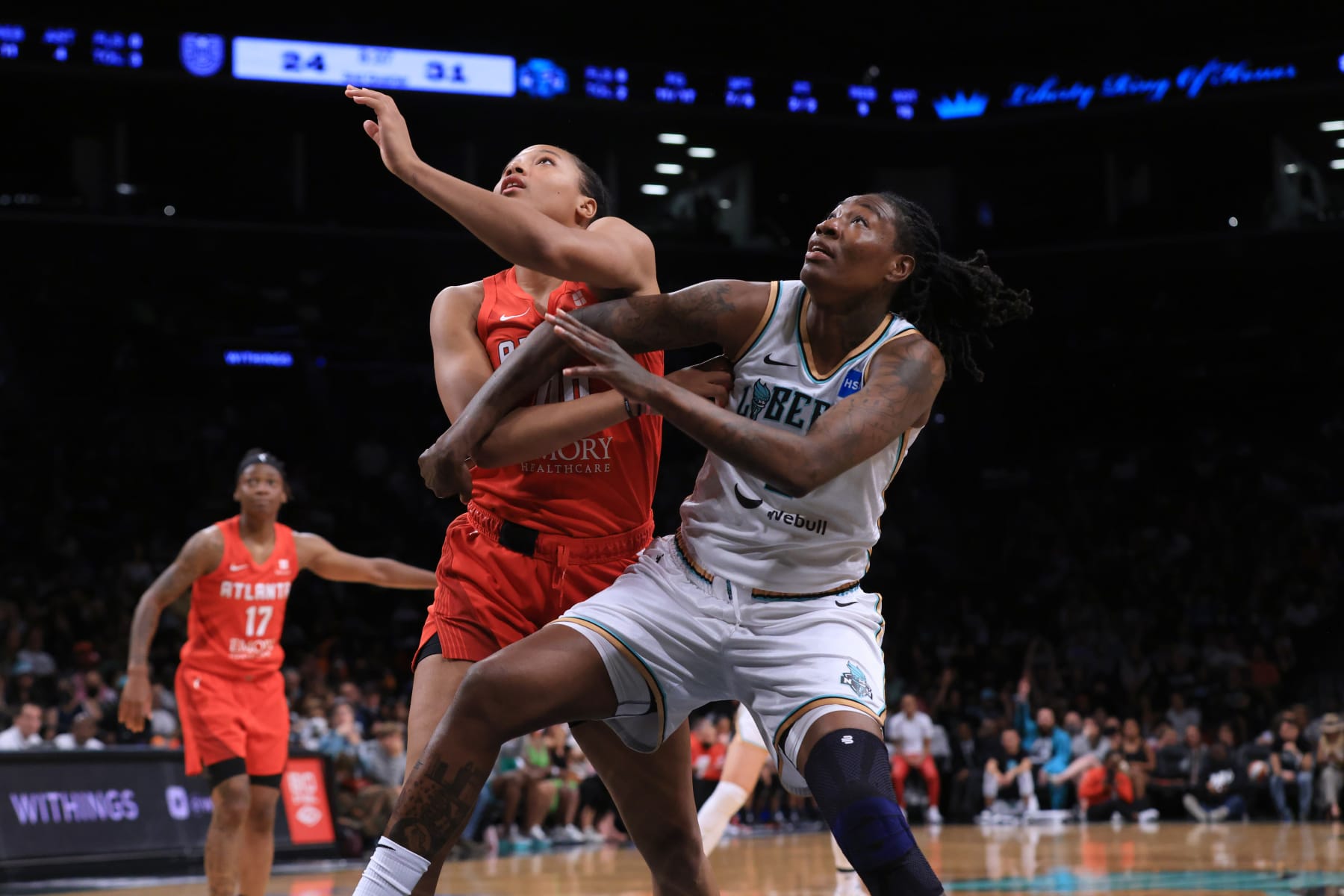 BROOKLYN, NY - AUGUST 14: Natasha Howard #6 of the New York Liberty plays defense on Naz Hillmon #00 of the Atlanta Dream during the game on August 14, 2022 at the Barclays Center in Brooklyn, New York. NOTE TO USER: User expressly acknowledges and agrees that, by downloading and or using this photograph, user is consenting to the terms and conditions of the Getty Images License Agreement. Mandatory Copyright Notice: Copyright 2022 NBAE (Photo by Steve Freeman/NBAE via Getty Images)