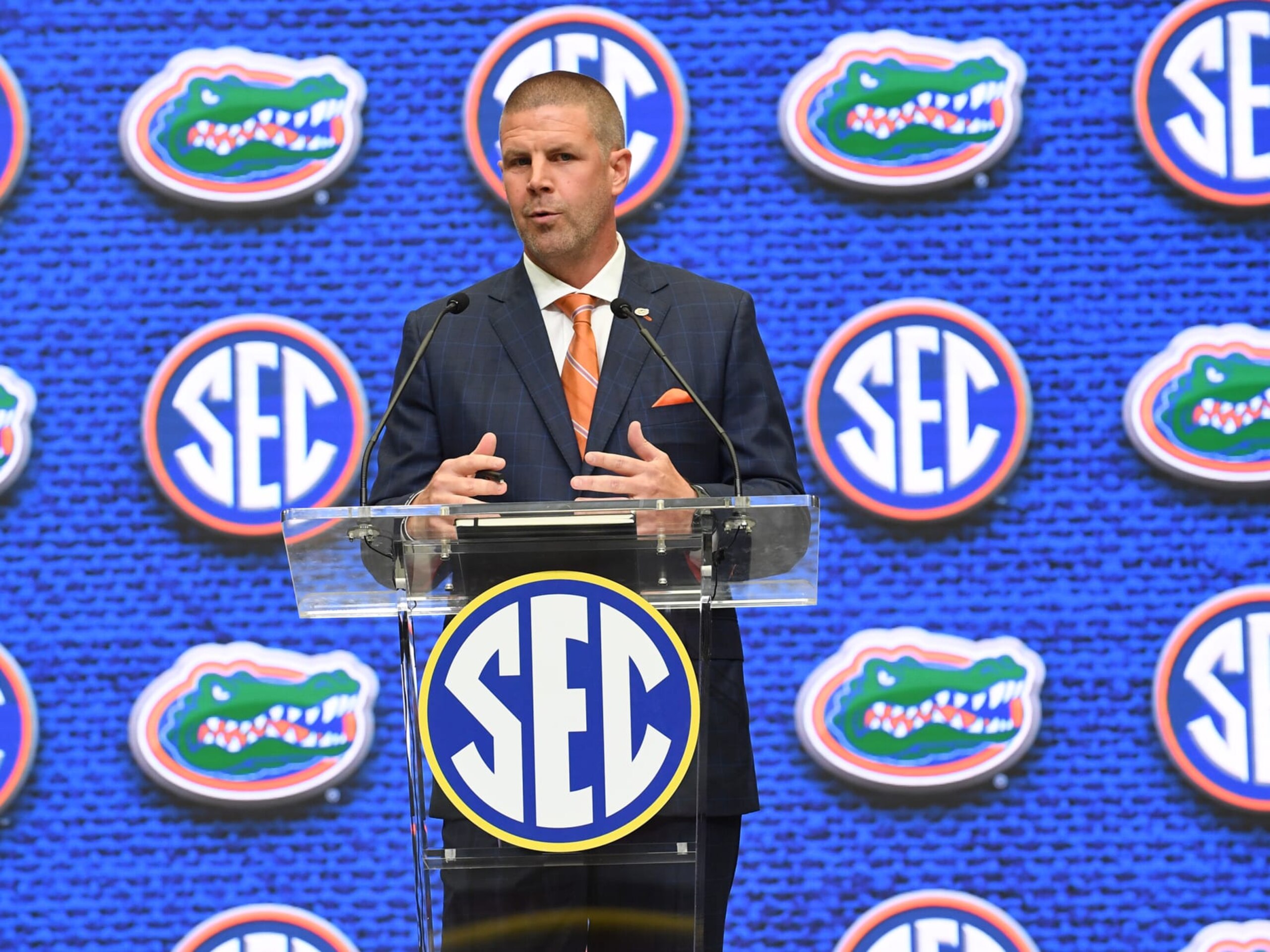 ATLANTA, GA - JULY 20: Florida Gators Head Coach Billy Napier addresses the media during the SEC Football Kickoff Media Days on July 20, 2022, at the College Football Hall of Fame in Atlanta, GA.(Photo by Jeffrey Vest/Icon Sportswire via Getty Images)