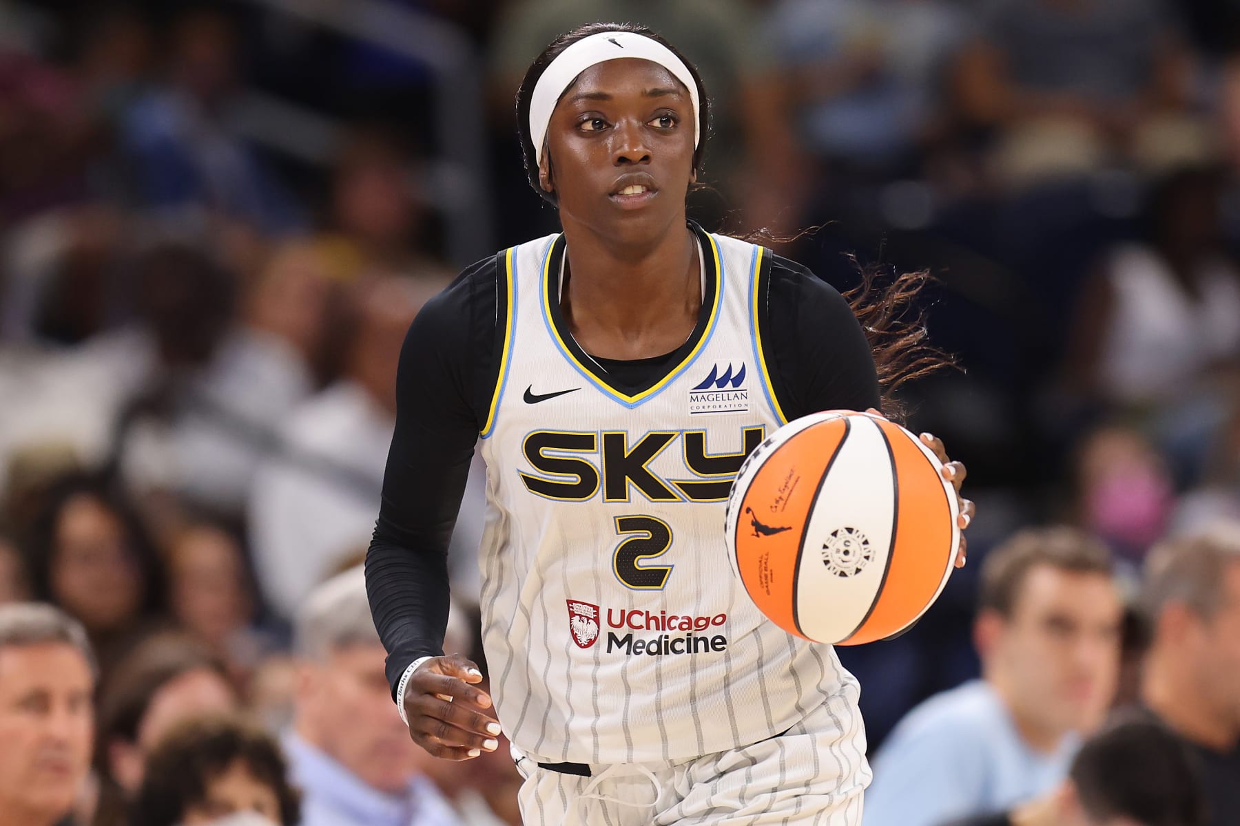 CHICAGO, ILLINOIS - AUGUST 02: Kahleah Copper #2 of the Chicago Sky dribbles up the court against the Dallas Wings during the second half at Wintrust Arena on August 02, 2022 in Chicago, Illinois. (Photo by Michael Reaves/Getty Images)