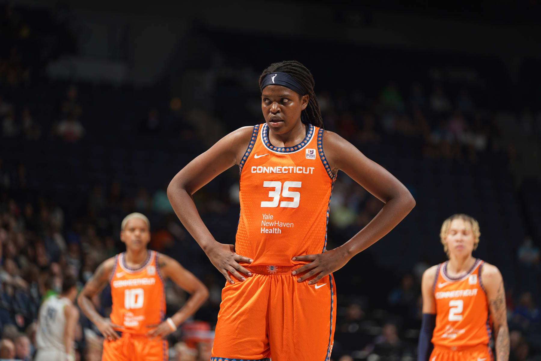 MINNEAPOLIS, MN - JULY 24: Jonquel Jones #35 of the Connecticut Sun looks on during the game against the Minnesota Lynx on July 24, 2022 at Target Center in Minneapolis, Minnesota. NOTE TO USER: User expressly acknowledges and agrees that, by downloading and/or using this Photograph, user is consenting to the terms and conditions of the Getty Images License Agreement. Mandatory Copyright Notice: Copyright 2022 NBAE (Photo by Jordan Johnson/NBAE via Getty Images)