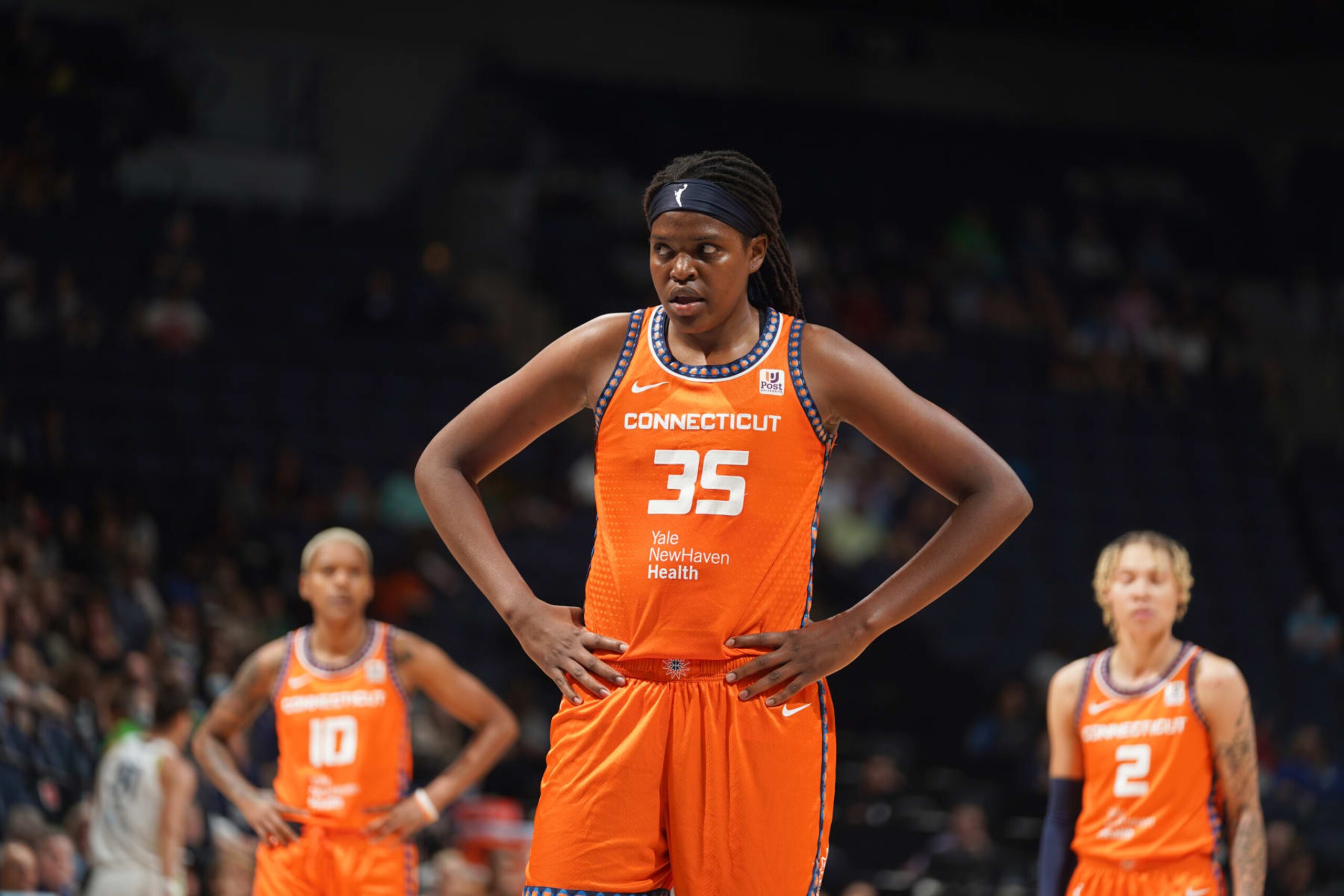 MINNEAPOLIS, MN - JULY 24: Jonquel Jones #35 of the Connecticut Sun looks on during the game against the Minnesota Lynx on July 24, 2022 at Target Center in Minneapolis, Minnesota. NOTE TO USER: User expressly acknowledges and agrees that, by downloading and/or using this Photograph, user is consenting to the terms and conditions of the Getty Images License Agreement. Mandatory Copyright Notice: Copyright 2022 NBAE (Photo by Jordan Johnson/NBAE via Getty Images)