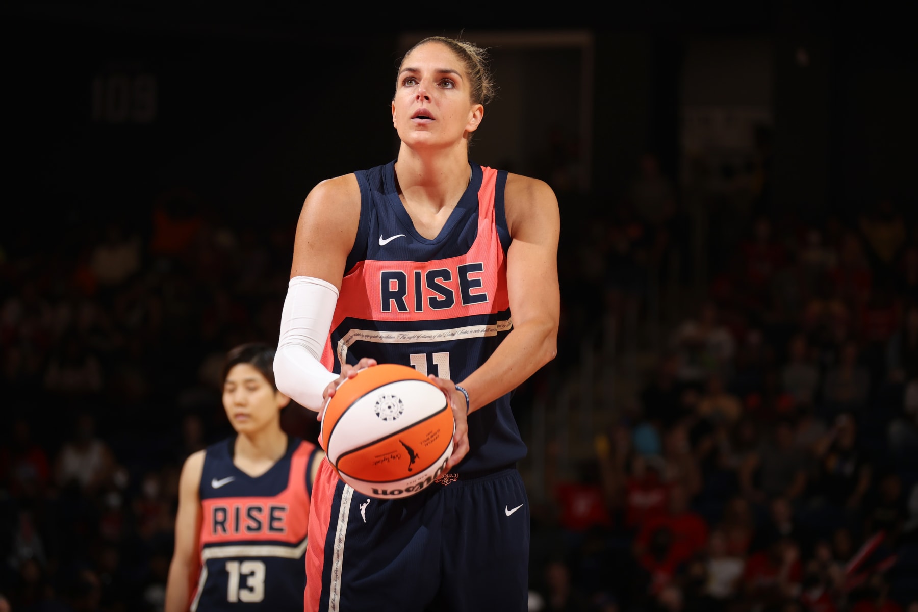 WASHINGTON, DC - JULY 31: Elena Delle Donne #11 of the Washington Mystics prepares to shoot a free throw during the game against the Seattle Storm on July 31, 2022 at Entertainment & Sports Arena in Washington, DC. NOTE TO USER: User expressly acknowledges and agrees that, by downloading and or using this Photograph, user is consenting to the terms and conditions of the Getty Images License Agreement. Mandatory Copyright Notice: Copyright 2022 NBAE (Photo by Stephen Gosling/NBAE via Getty Images)