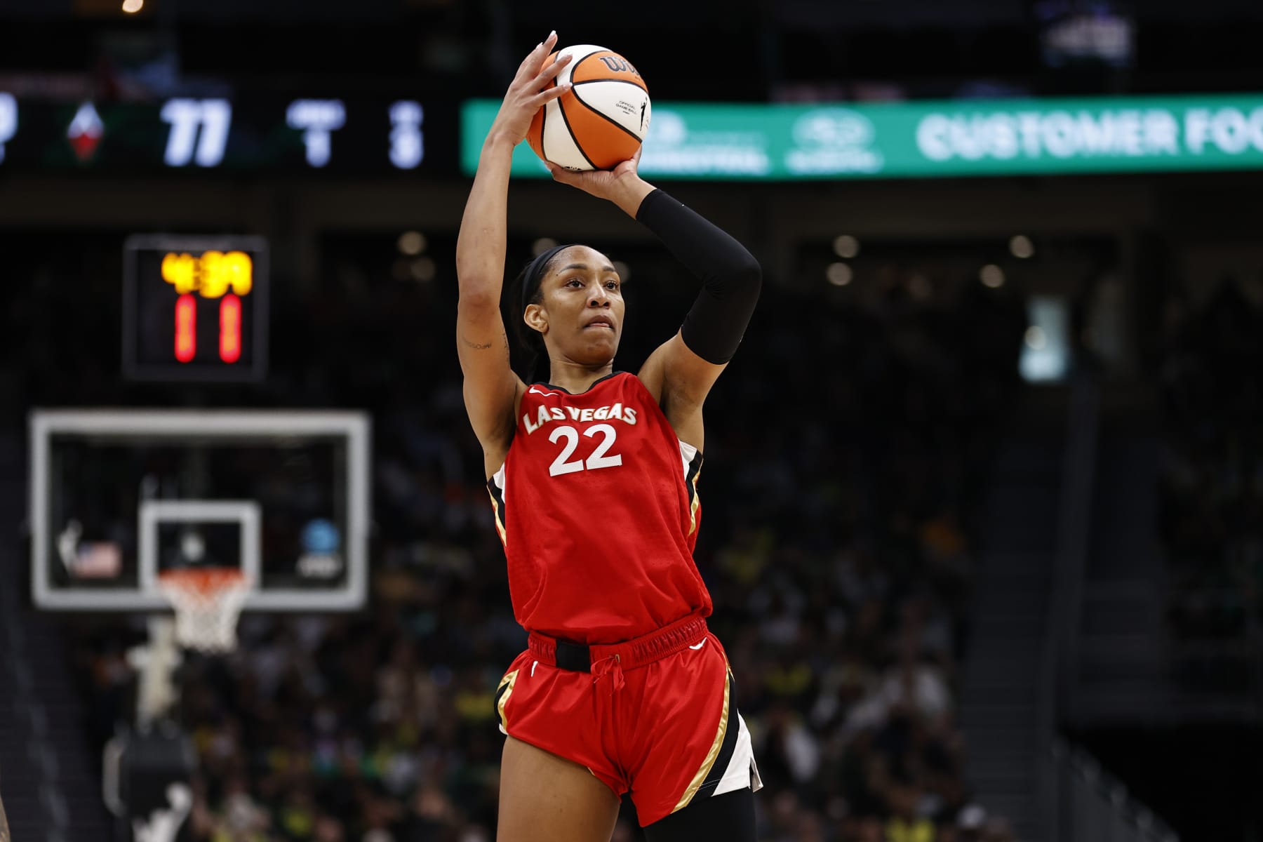 SEATTLE, WASHINGTON - AUGUST 07: A'ja Wilson #22 of the Las Vegas Aces shoots during the fourth quarter against the Seattle Storm at Climate Pledge Arena on August 07, 2022 in Seattle, Washington. (Photo by Steph Chambers/Getty Images)