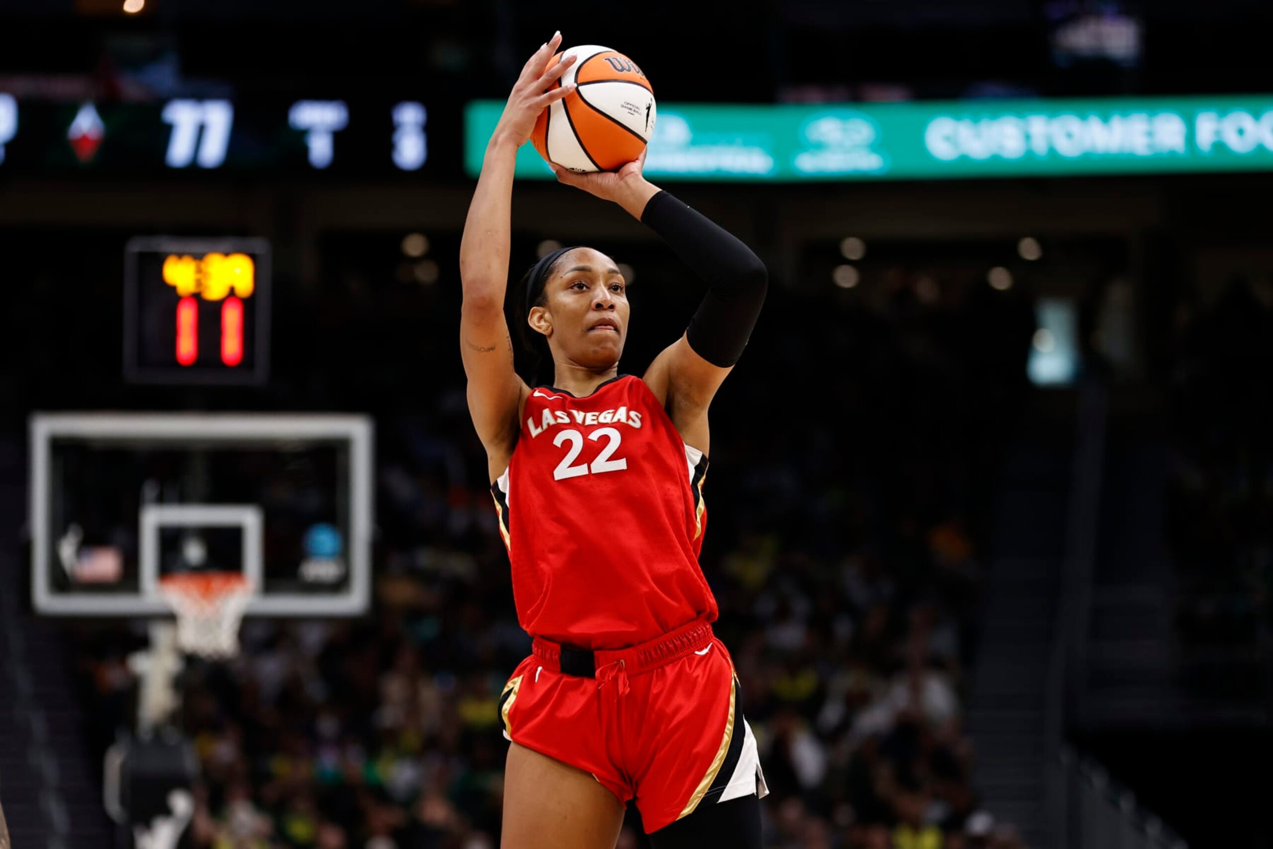 SEATTLE, WASHINGTON - AUGUST 07: A'ja Wilson #22 of the Las Vegas Aces shoots during the fourth quarter against the Seattle Storm at Climate Pledge Arena on August 07, 2022 in Seattle, Washington. (Photo by Steph Chambers/Getty Images)