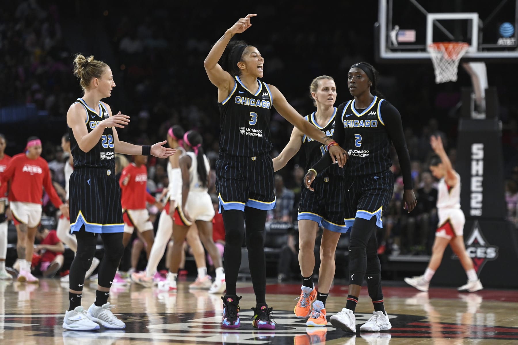 LAS VEGAS, NV - AUGUST 11: Candace Parker #3 of the Chicago Sky celebrates during the game against Las Vegas Aces on August 11, 2022 at  Michelob ULTRA Arena in Las Vegas, Nevada. NOTE TO USER: User expressly acknowledges and agrees that, by downloading and or using this photograph, User is consenting to the terms and conditions of the Getty Images License Agreement. Mandatory Copyright Notice: Copyright 2022 NBAE (Photo by David Becker/NBAE via Getty Images)