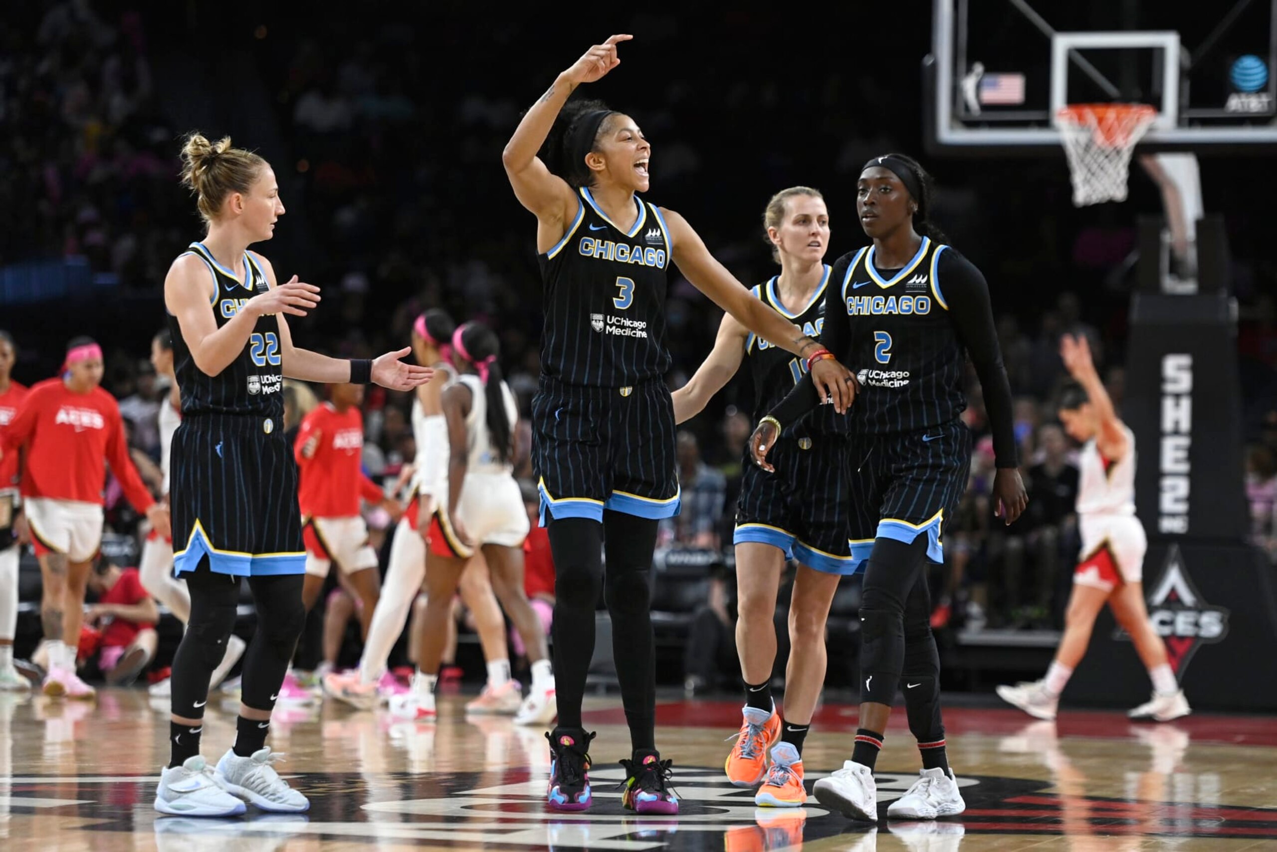 LAS VEGAS, NV - AUGUST 11: Candace Parker #3 of the Chicago Sky celebrates during the game against Las Vegas Aces on August 11, 2022 at  Michelob ULTRA Arena in Las Vegas, Nevada. NOTE TO USER: User expressly acknowledges and agrees that, by downloading and or using this photograph, User is consenting to the terms and conditions of the Getty Images License Agreement. Mandatory Copyright Notice: Copyright 2022 NBAE (Photo by David Becker/NBAE via Getty Images)