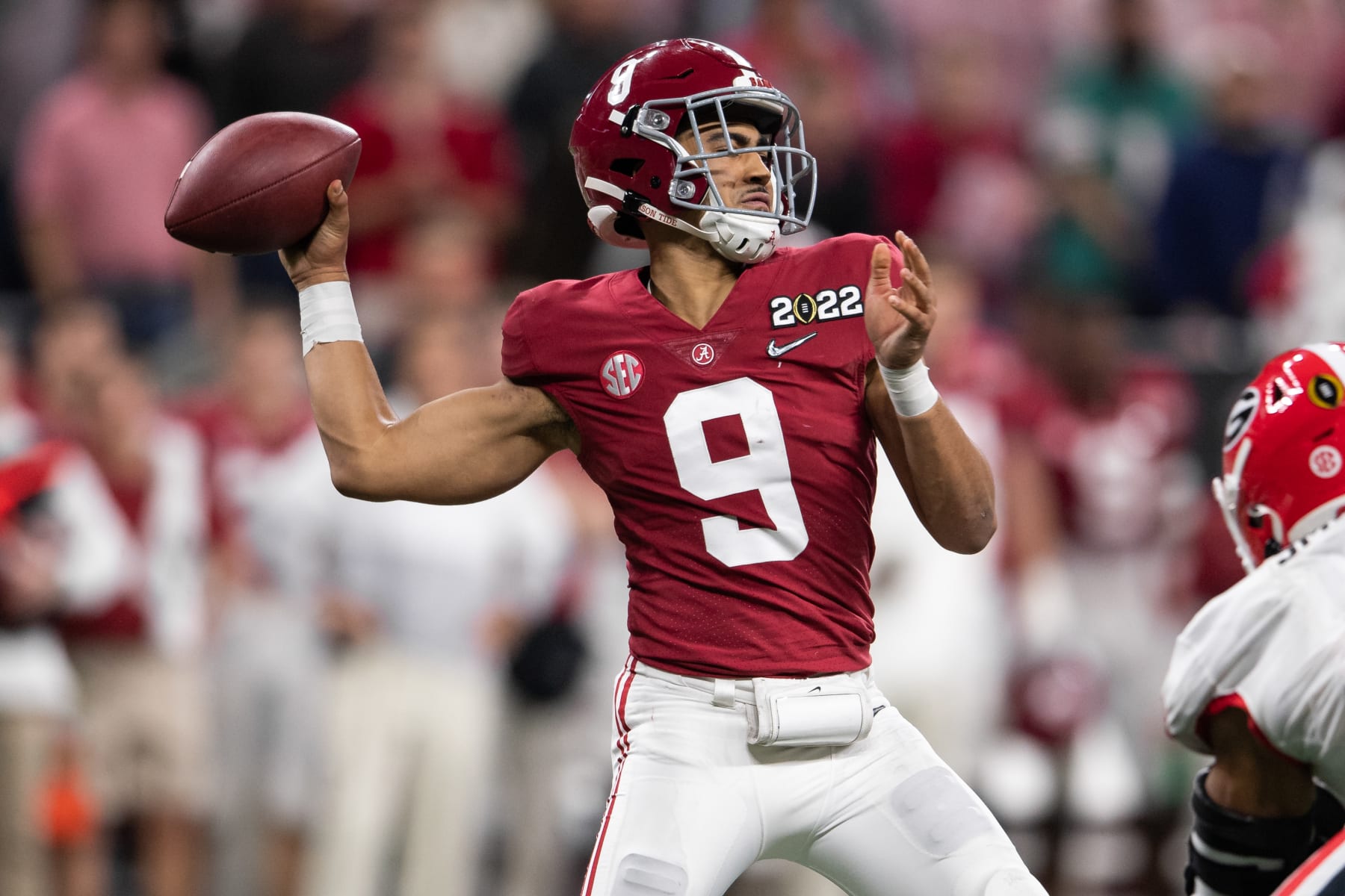 INDIANAPOLIS, IN - JANUARY 10: Alabama Crimson Tide QB Bryce Young (9) throws downfield during the Alabama Crimson Tide versus the Georgia Bulldogs in the College Football Playoff National Championship, on January 10, 2022, at Lucas Oil Stadium in Indianapolis, IN. (Photo by Zach Bolinger/Icon Sportswire via Getty Images)