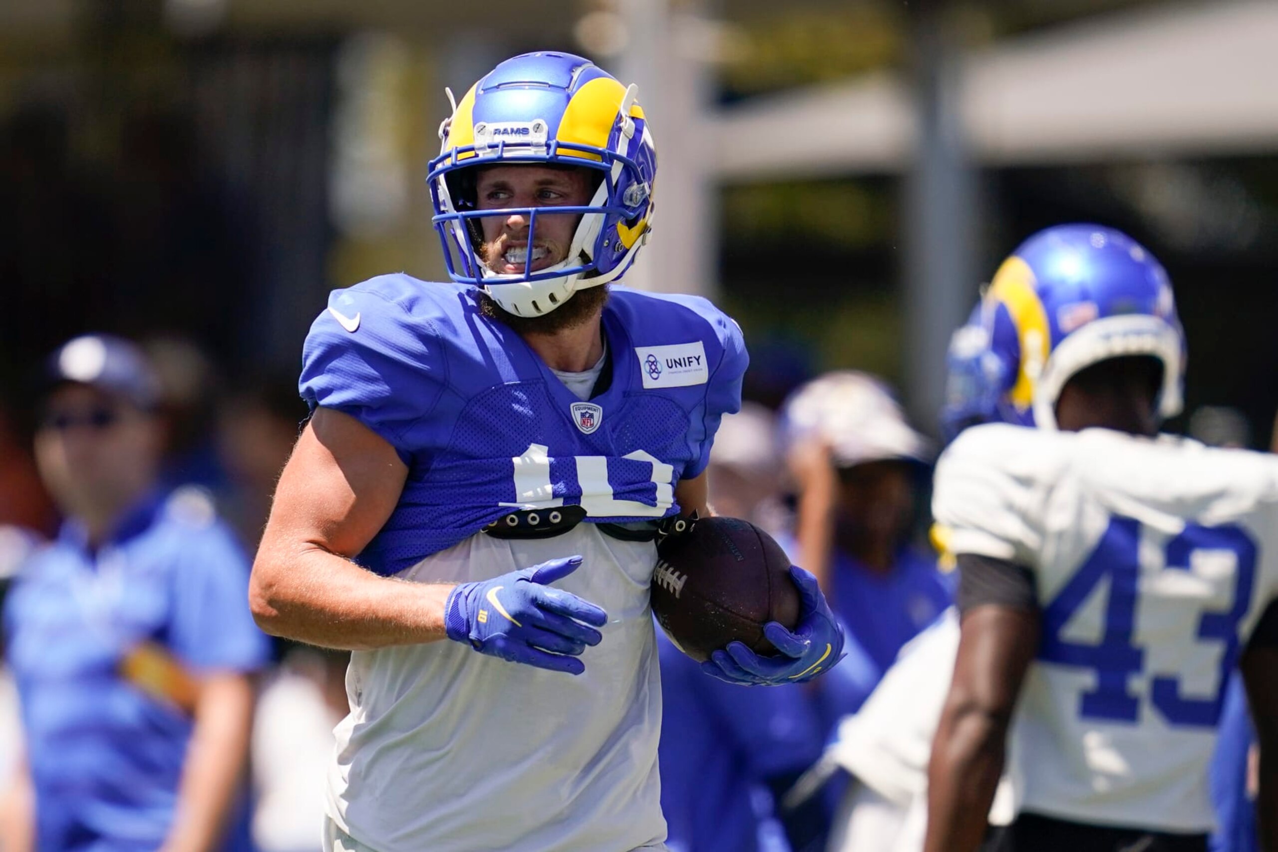 Los Angeles Rams wide receiver Cooper Kupp (10) participates in drills at the NFL football team's practice facility in Irvine, Calif. Monday, Aug. 8, 2022. (AP Photo/Ashley Landis)
