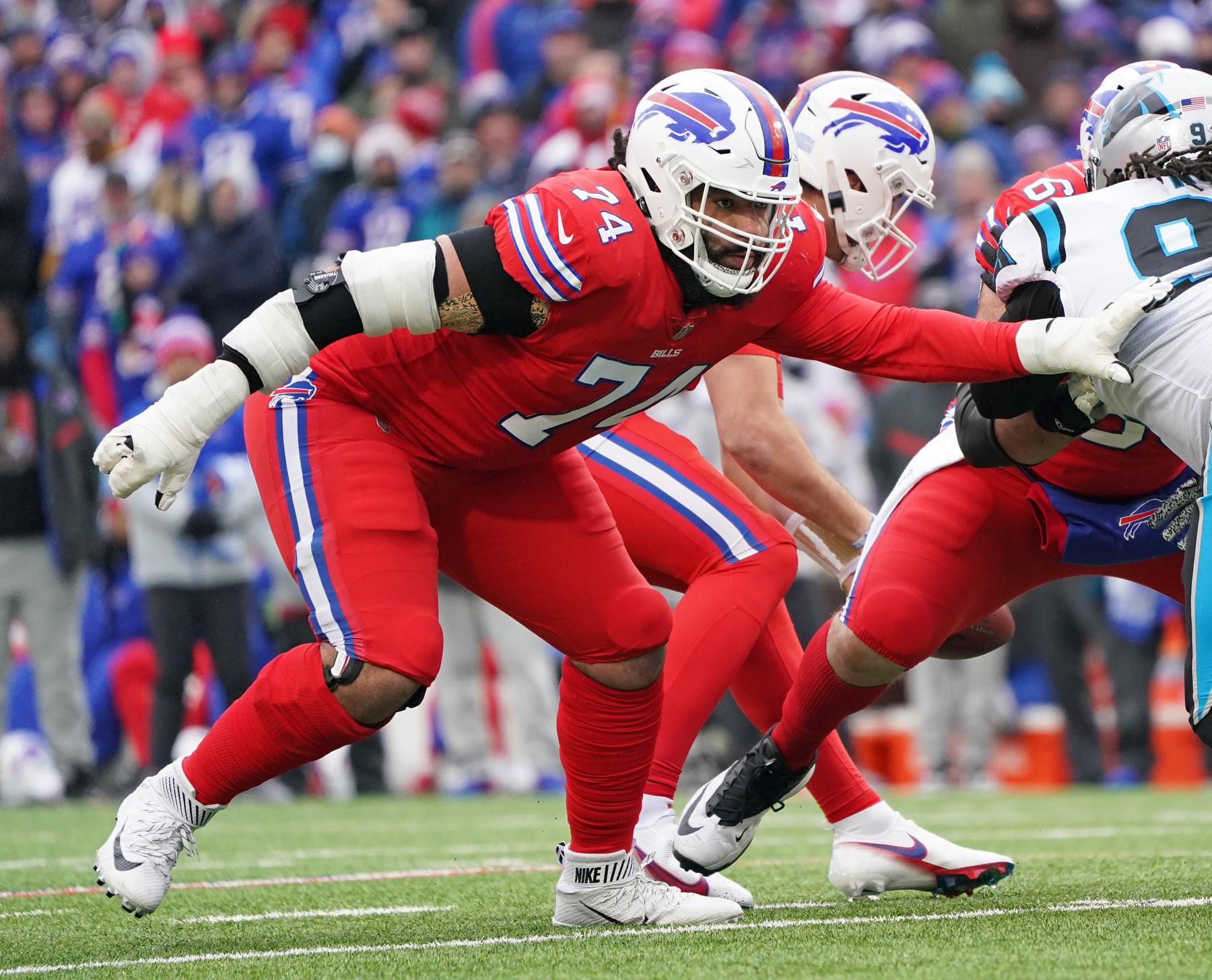 ORCHARD PARK, NEW YORK - DECEMBER 19: Cody Ford #74 of the Buffalo Bills during the game against the Carolina Panthers at Highmark Stadium on December 19, 2021 in Orchard Park, New York. (Photo by Kevin Hoffman/Getty Images)