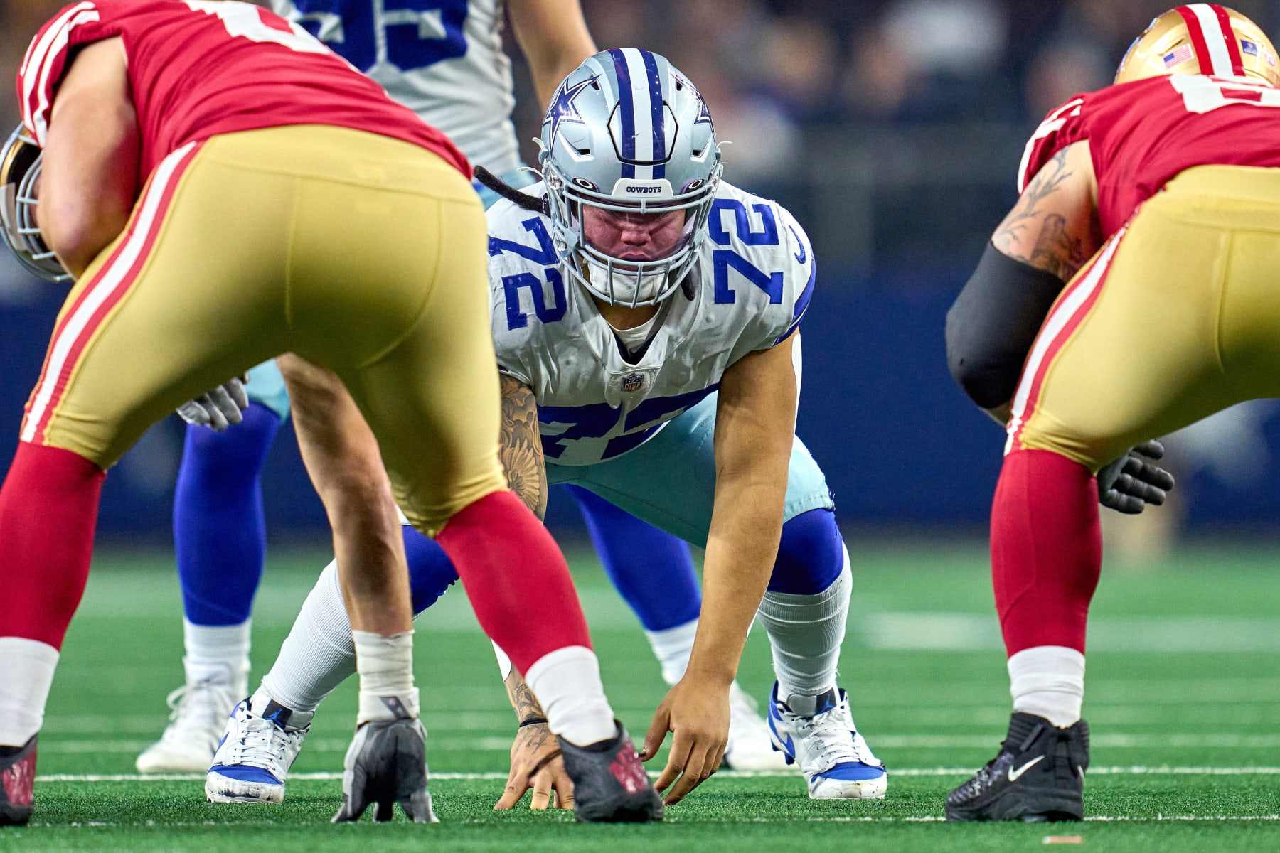 ARLINGTON, TX - JANUARY 16: Dallas Cowboys defensive tackle Trysten Hill (72) looks on during the NFC Wild Card game between the San Francisco 49ers and the Dallas Cowboys on January 16, 2022 at AT&T Stadium in Arlington, TX. (Photo by Robin Alam/Icon Sportswire via Getty Images)