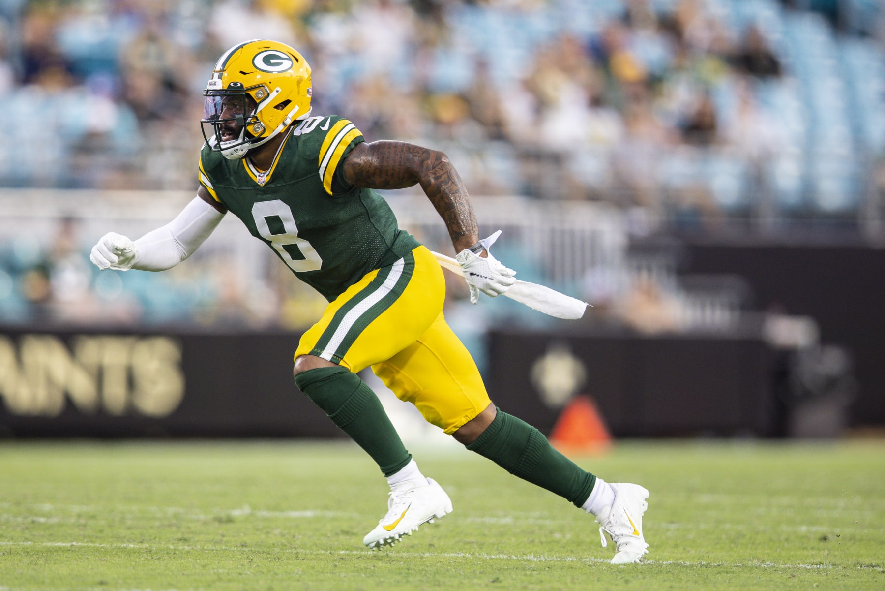 JACKSONVILLE, FLORIDA - SEPTEMBER 12: Amari Rodgers #8 of the Green Bay Packers looks on during the fourth quarter of a game against the New Orleans Saints at TIAA Bank Field on September 12, 2021 in Jacksonville, Florida. (Photo by James Gilbert/Getty Images)