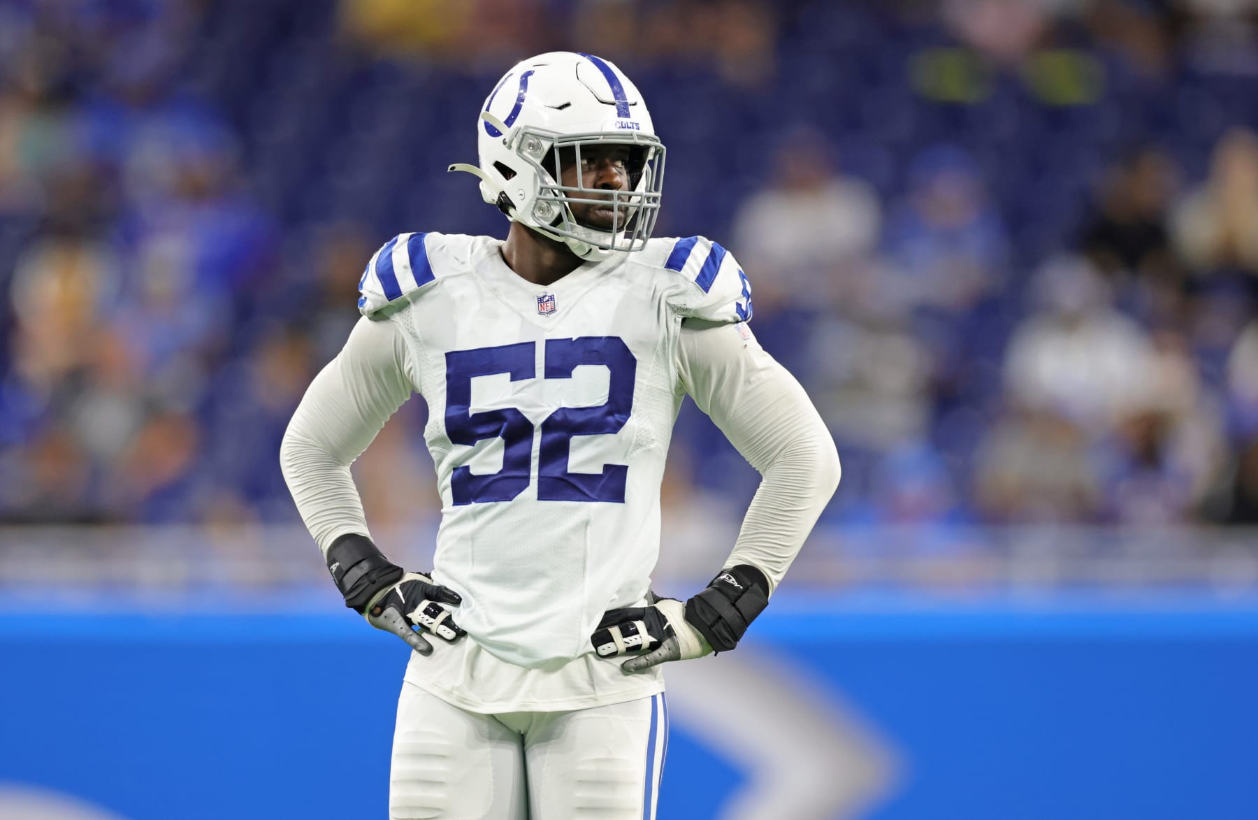 DETROIT, MICHIGAN - AUGUST 27: Ben Banogu #52 of the Indianapolis Colts looks in to the offense during the fourth quarter of the game against the Detroit Lions  at Ford Field on August 27, 2021 in Detroit, Michigan. The Colts defeated the Lions 27-17. (Photo by Leon Halip/Getty Images)