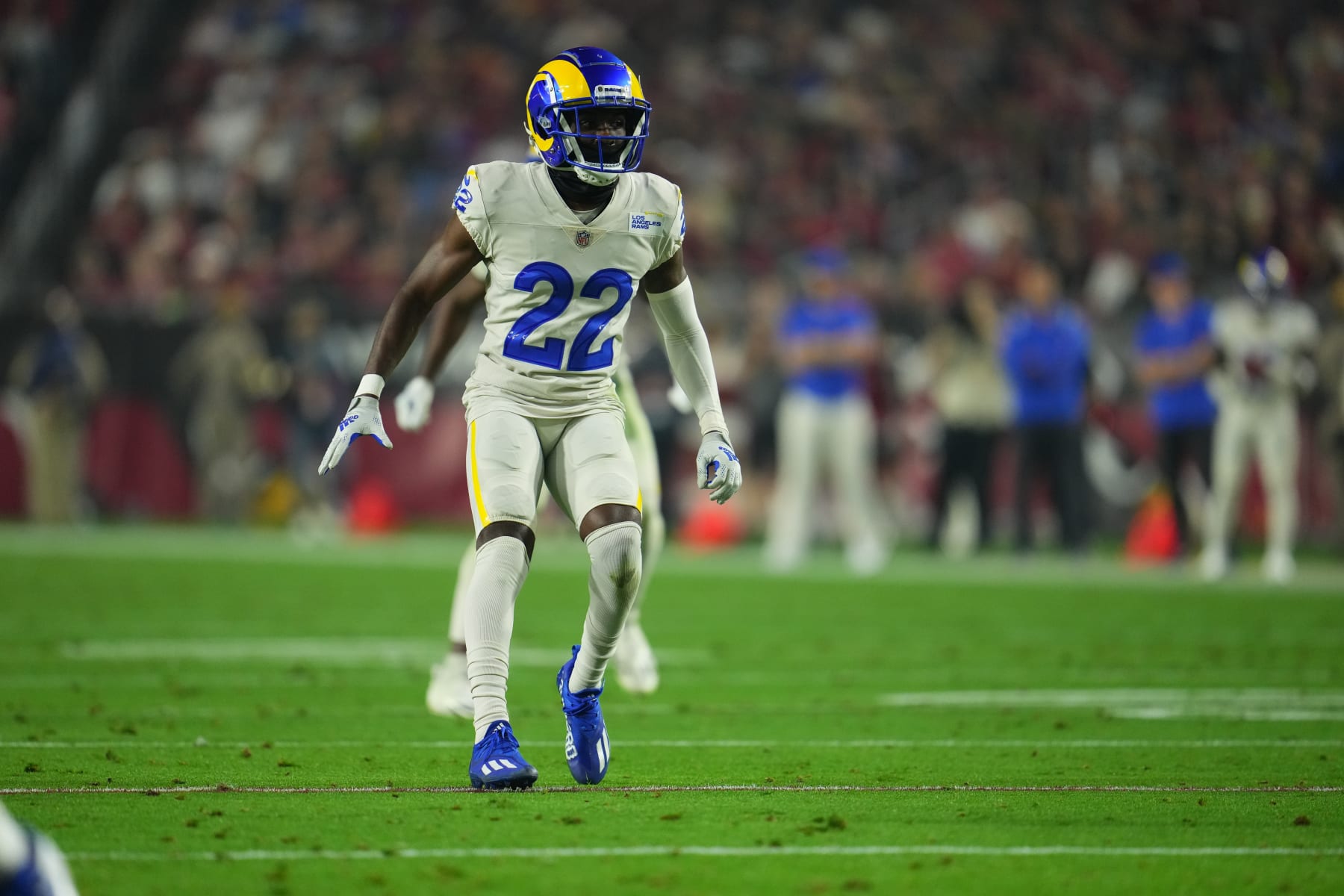GLENDALE, ARIZONA - DECEMBER 13: David Long #22 of the Los Angeles Rams defends against the Arizona Cardinals during an NFL game at State Farm Stadium on December 13, 2021 in Glendale, Arizona. (Photo by Cooper Neill/Getty Images)