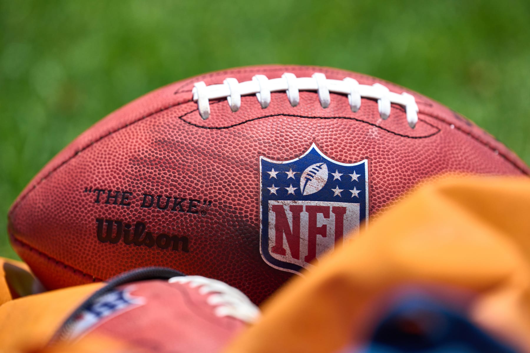 LAKE FOREST, IL - JUNE 14: A detail view of the NFL logo crest is seen on a Wilson football during the the Chicago Bears Minicamp on June 14, 2022 at Halas Hall in Lake Forest, IL. (Photo by Robin Alam/Icon Sportswire via Getty Images)