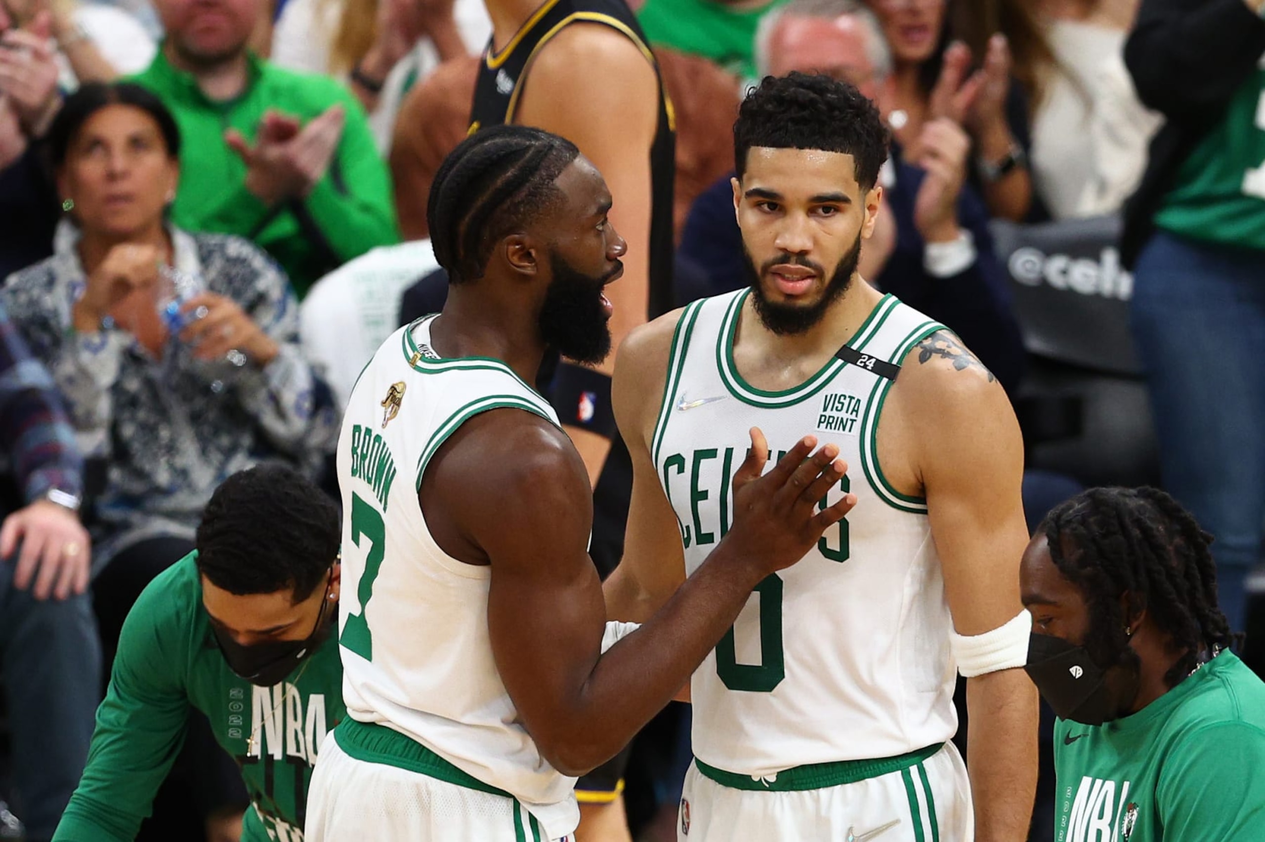 BOSTON, MASSACHUSETTS - JUNE 10: Jaylen Brown #7 and Jayson Tatum #0 of the Boston Celtics talk over a play in the second quarter against the Golden State Warriors during Game Four of the 2022 NBA Finals at TD Garden on June 10, 2022 in Boston, Massachusetts. NOTE TO USER: User expressly acknowledges and agrees that, by downloading and/or using this photograph, User is consenting to the terms and conditions of the Getty Images License Agreement. (Photo by Elsa/Getty Images)