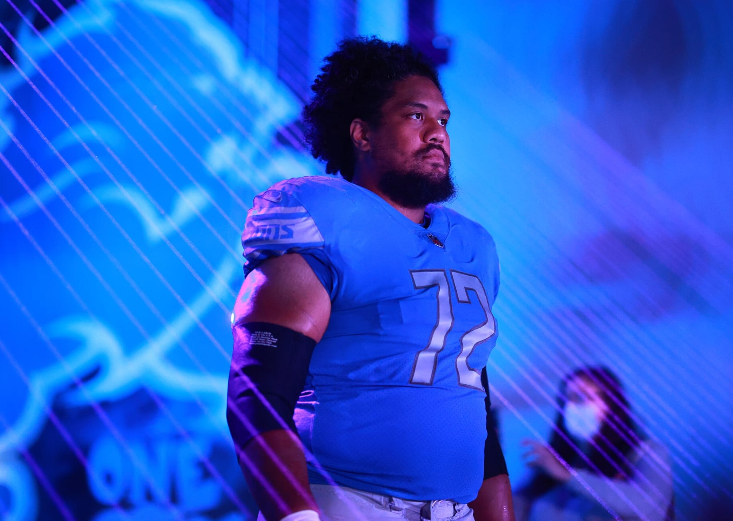 DETROIT, MICHIGAN - OCTOBER 17: Halapoulivaati Vaitai #72 of the Detroit Lions looks on before the game against the Cincinnati Bengals at Ford Field on October 17, 2021 in Detroit, Michigan. (Photo by Rey Del Rio/Getty Images)