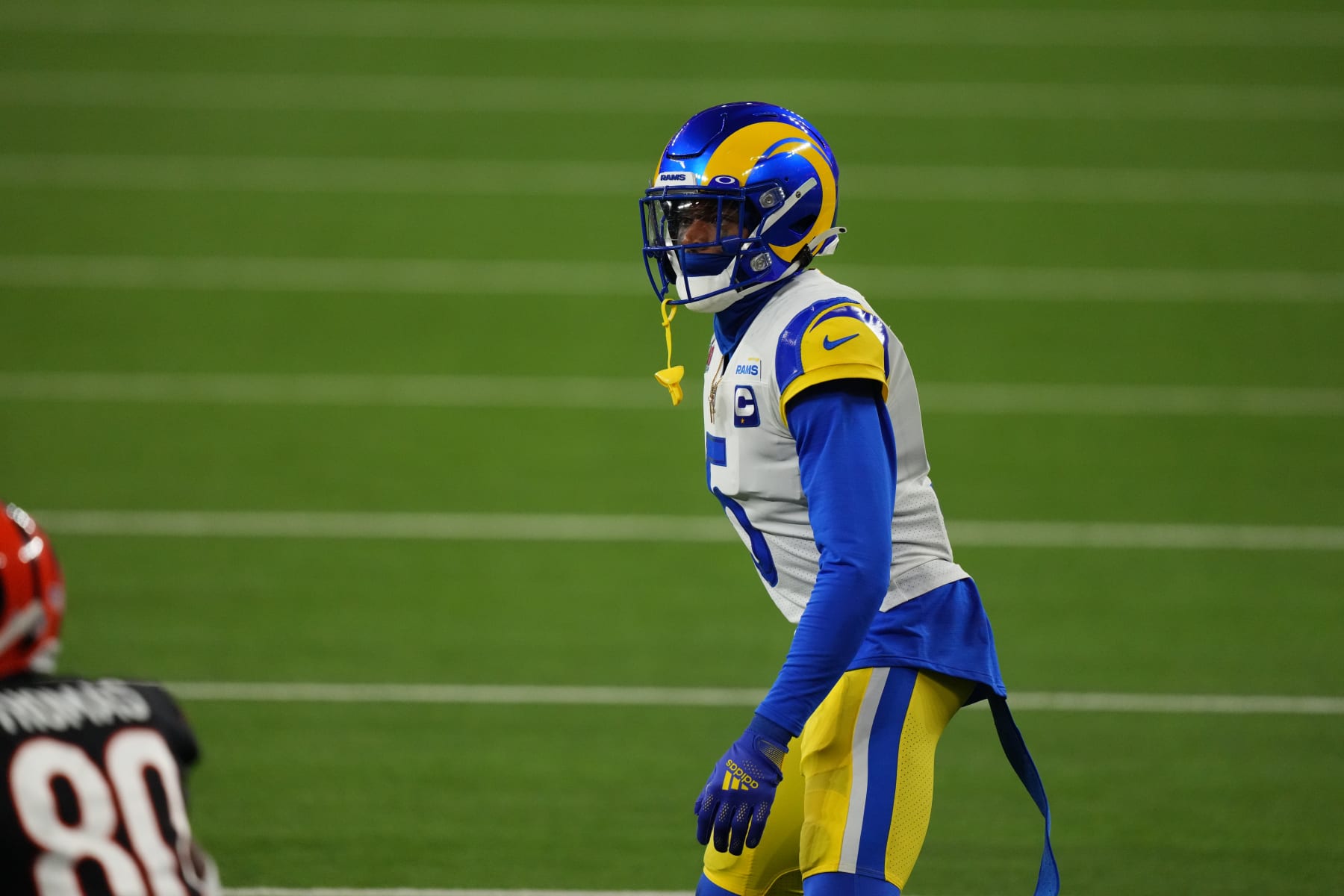 INGLEWOOD, CALIFORNIA - FEBRUARY 13: Jalen Ramsey #5 of the Los Angeles Rams gets set during to the NFL Super Bowl LVI football game against the Cincinnati Bengals at SoFi Stadium on February 13, 2022 in Inglewood, California. (Photo by Cooper Neill/Getty Images)