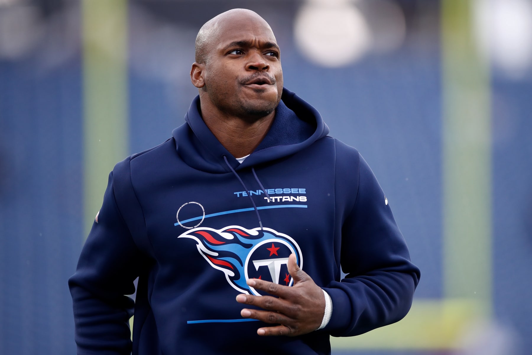 NASHVILLE, TENNESSEE - NOVEMBER 21: Adrian Peterson #8 of the Tennessee Titans warms up before the game against the Houston Texans at Nissan Stadium on November 21, 2021 in Nashville, Tennessee. (Photo by Silas Walker/Getty Images)