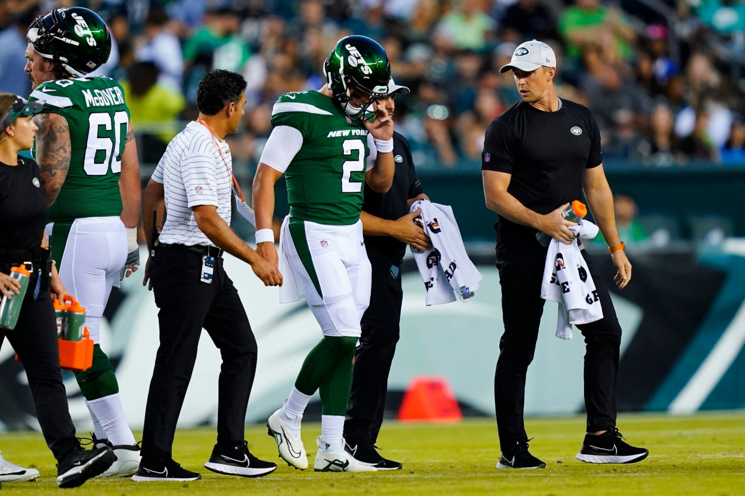 New York Jets' Zach Wilson is taken off the field after an injury during the first half of a preseason NFL football game against the Philadelphia Eagles on Friday, Aug. 12, 2022, in Philadelphia. (AP Photo/Matt Rourke)