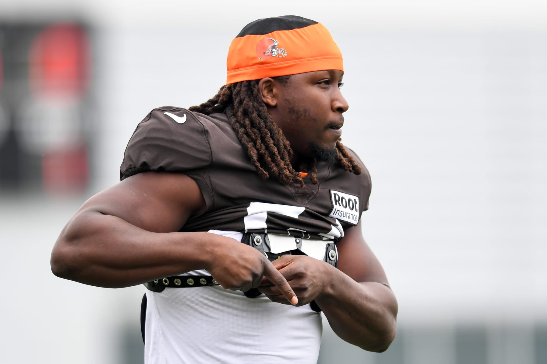 BEREA, OH - AUGUST 09: Kareem Hunt #27 of the Cleveland Browns walks onto the field during Cleveland Browns training camp at CrossCountry Mortgage Campus on August 09, 2022 in Berea, Ohio. (Photo by Nick Cammett/Getty Images)