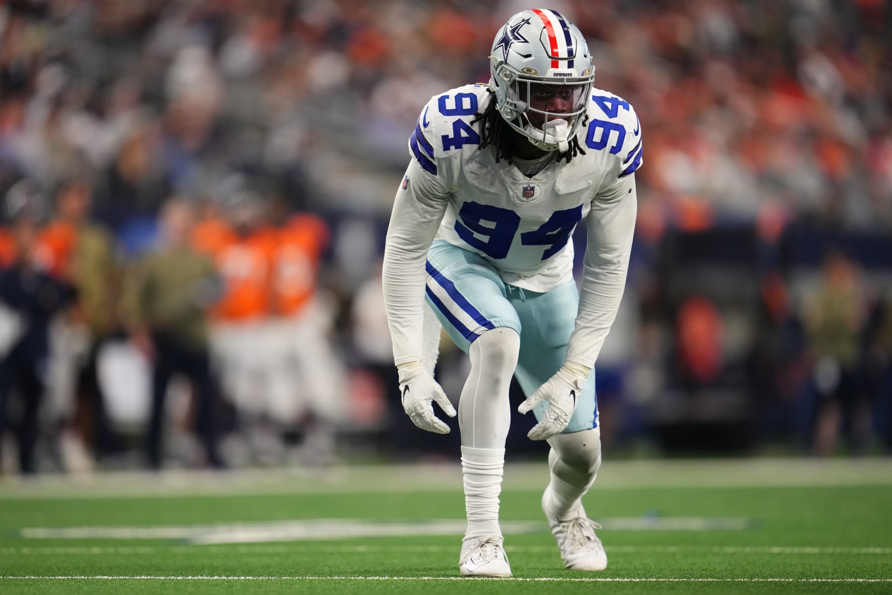 ARLINGTON, TEXAS - NOVEMBER 07: Randy Gregory #94 of the Dallas Cowboys gets set against the Denver Broncos during an NFL game at AT&T Stadium on November 07, 2021 in Arlington, Texas. (Photo by Cooper Neill/Getty Images)