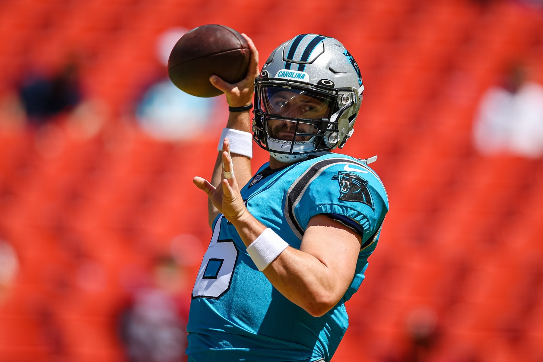 LANDOVER, MD - AUGUST 13: Baker Mayfield #6 of the Carolina Panthers attempts a pass before the preseason game against the Washington Commanders at FedExField on August 13, 2022 in Landover, Maryland. (Photo by Scott Taetsch/Getty Images)